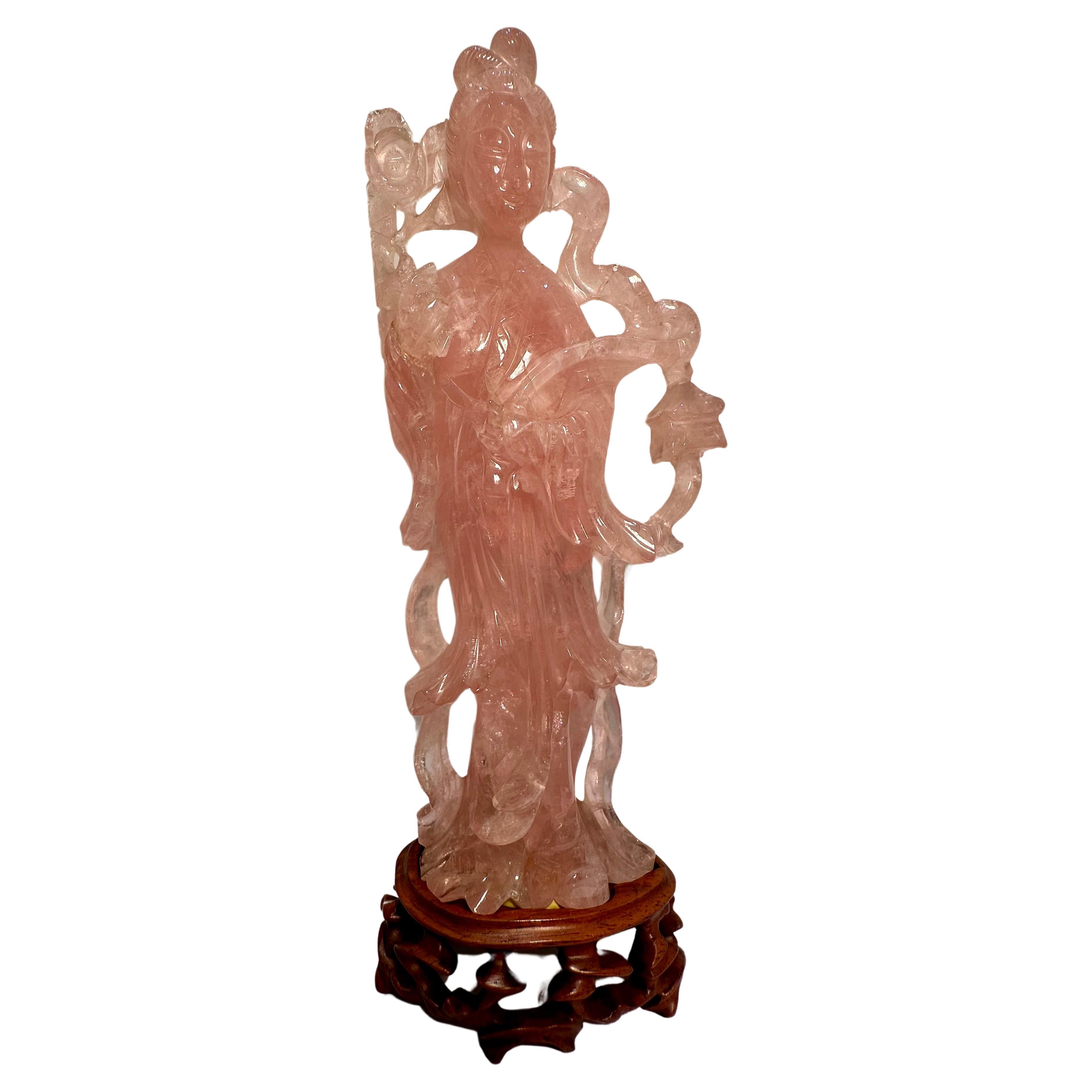 Model of Chinese Beauty Pink Rose Quartz Goddess Quan Yin Hand Carved Figurine For Sale