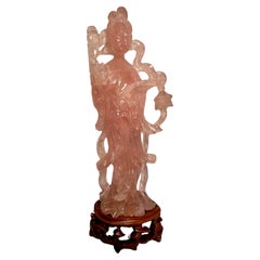 Vintage Model of Chinese Beauty Pink Rose Quartz Goddess Quan Yin Hand Carved Figurine