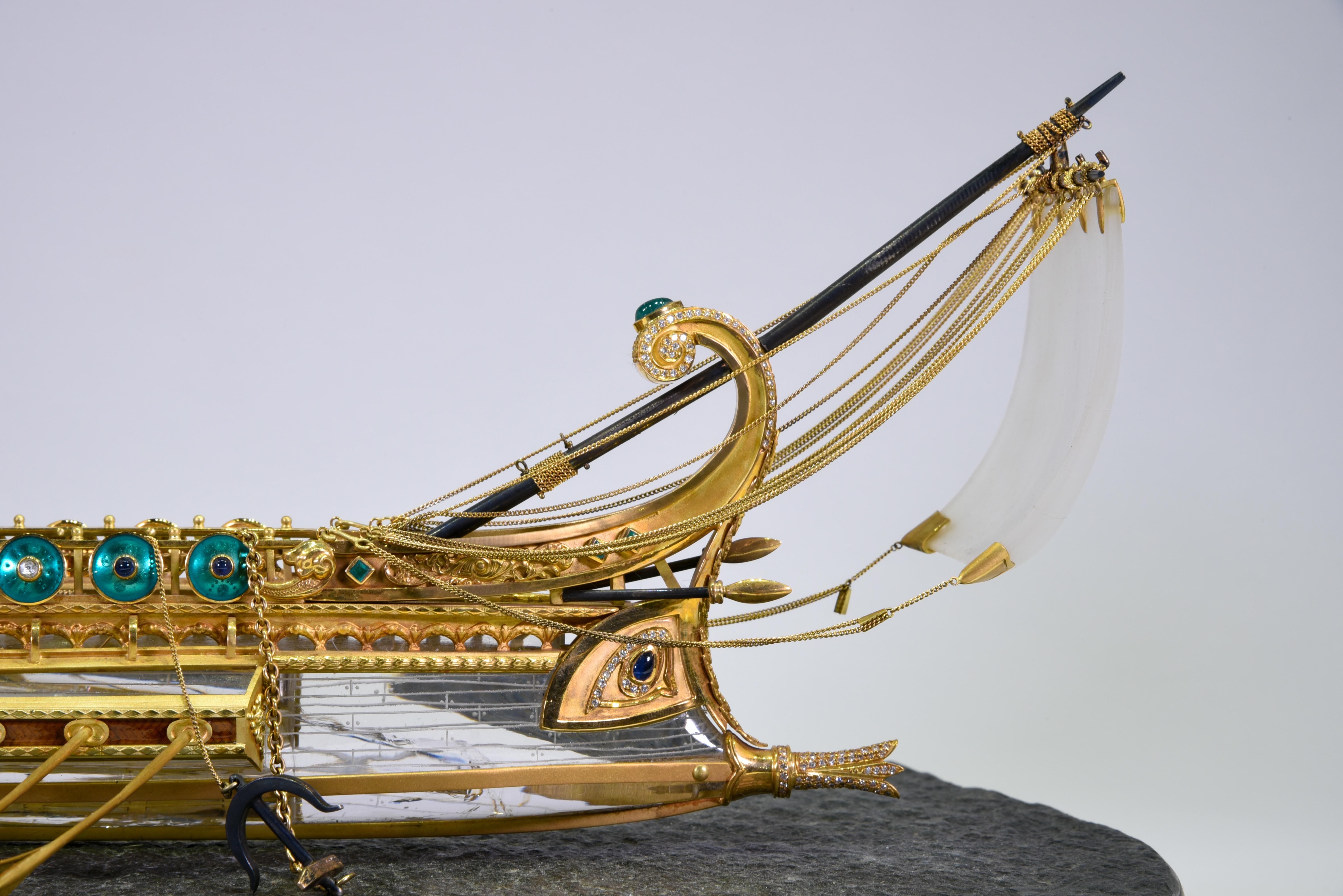 Late 20th Century Model of Roman Galley with Gold, Diamond, Sapphire, Emerald, Enamel Rock Crystal For Sale