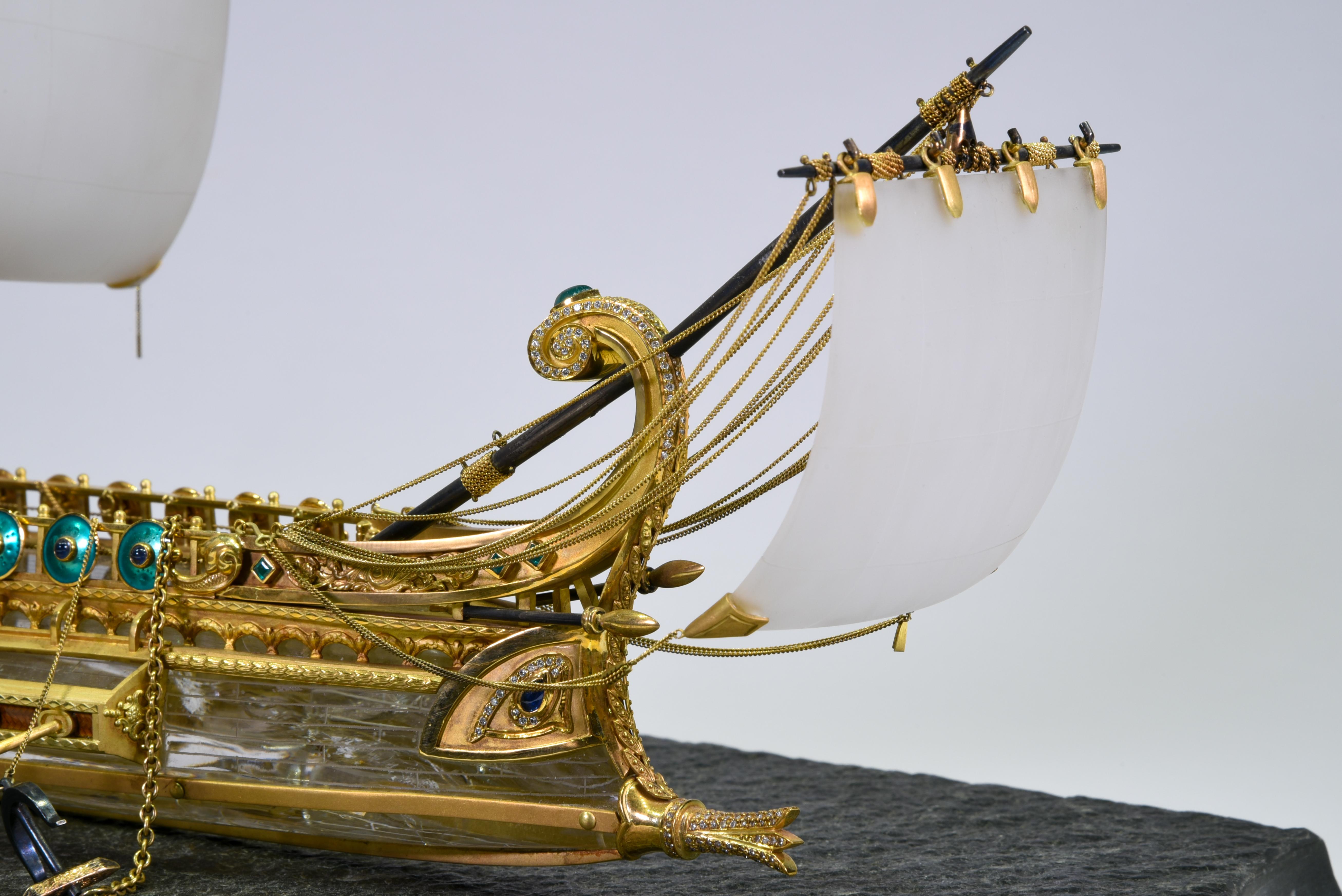 Model of Roman Galley with Gold, Diamond, Sapphire, Emerald, Enamel Rock Crystal For Sale 1