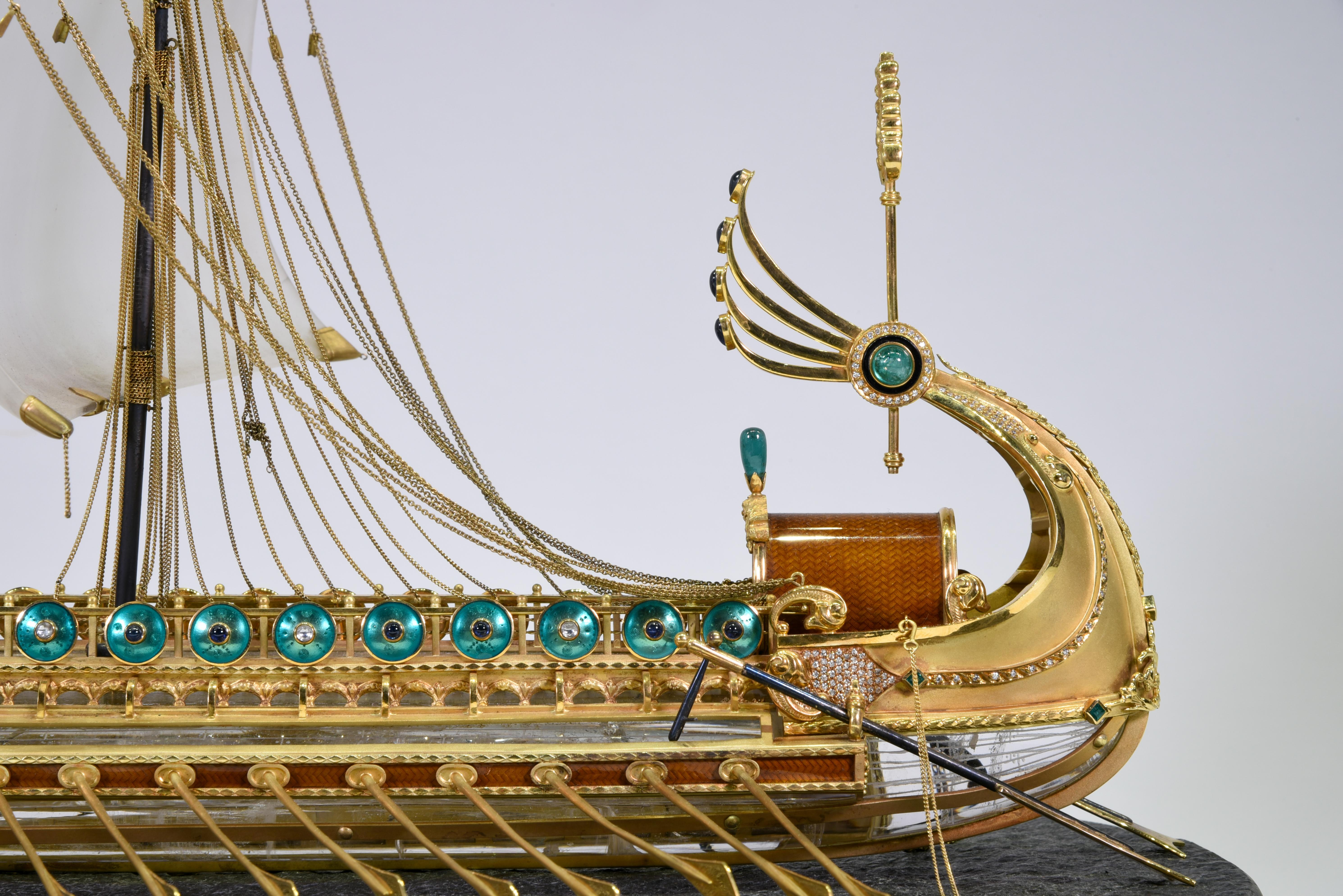 Model of Roman Galley with Gold, Diamond, Sapphire, Emerald, Enamel Rock Crystal For Sale 2