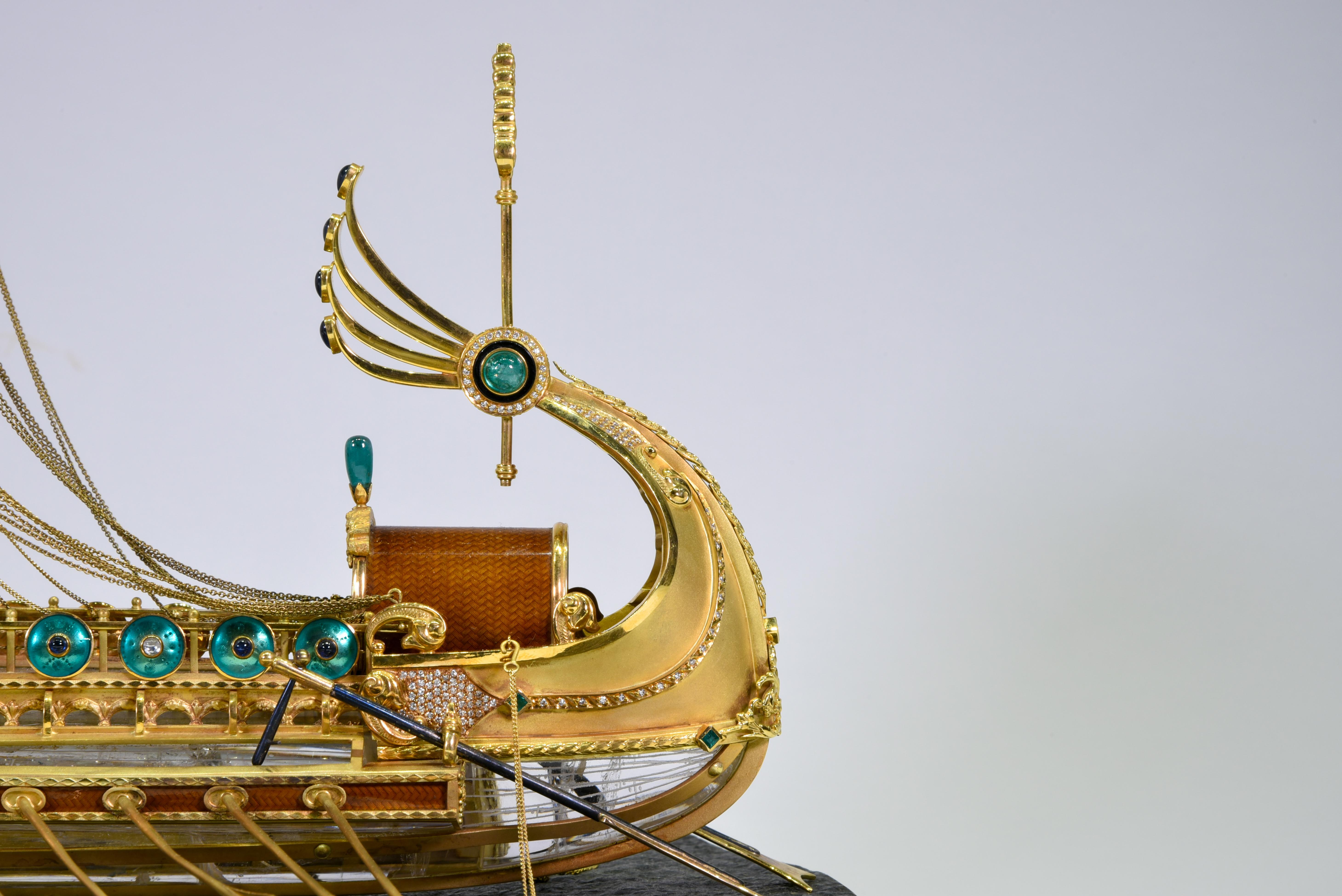 Model of Roman Galley with Gold, Diamond, Sapphire, Emerald, Enamel Rock Crystal For Sale 3