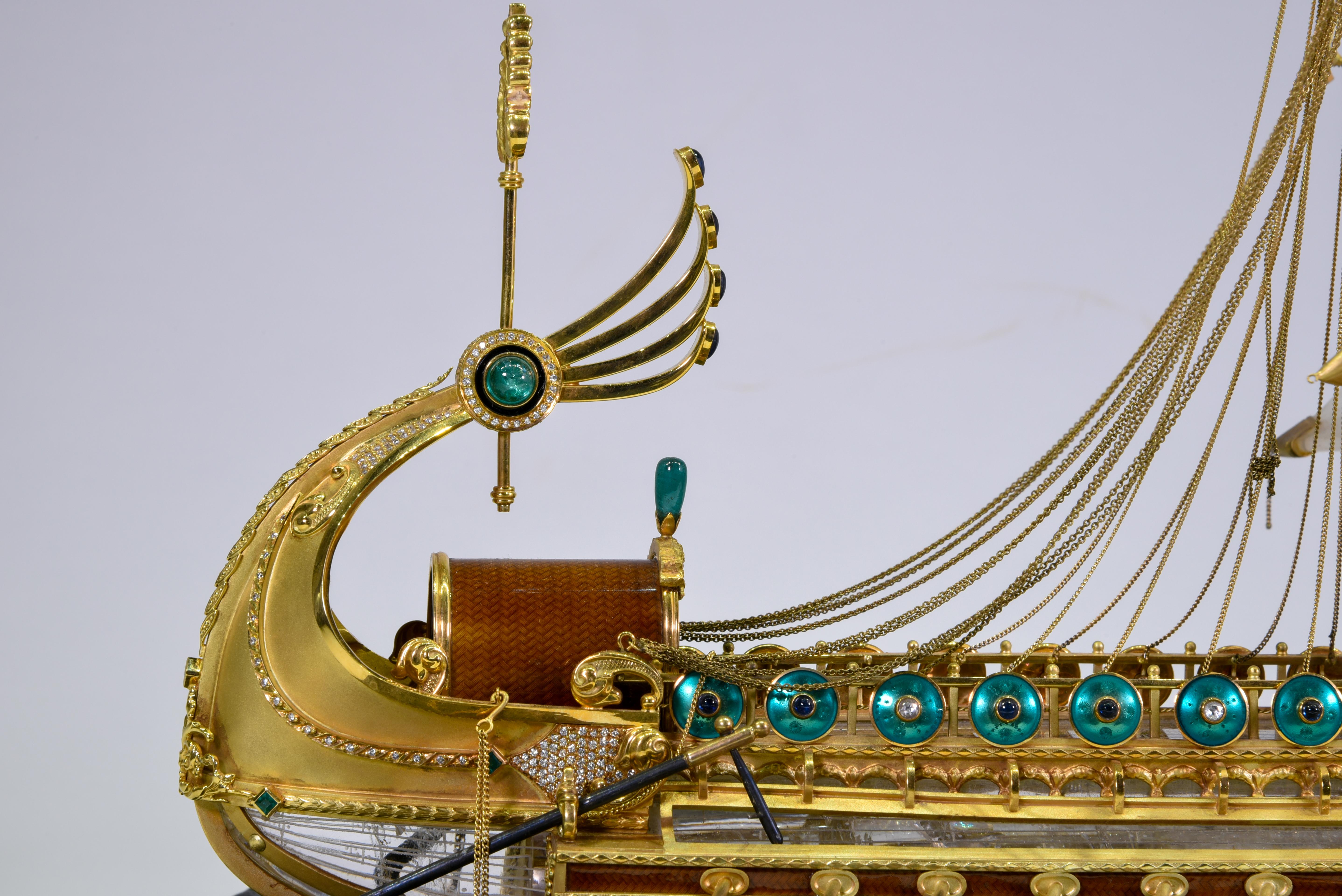 Model of Roman Galley with Gold, Diamond, Sapphire, Emerald, Enamel Rock Crystal For Sale 4