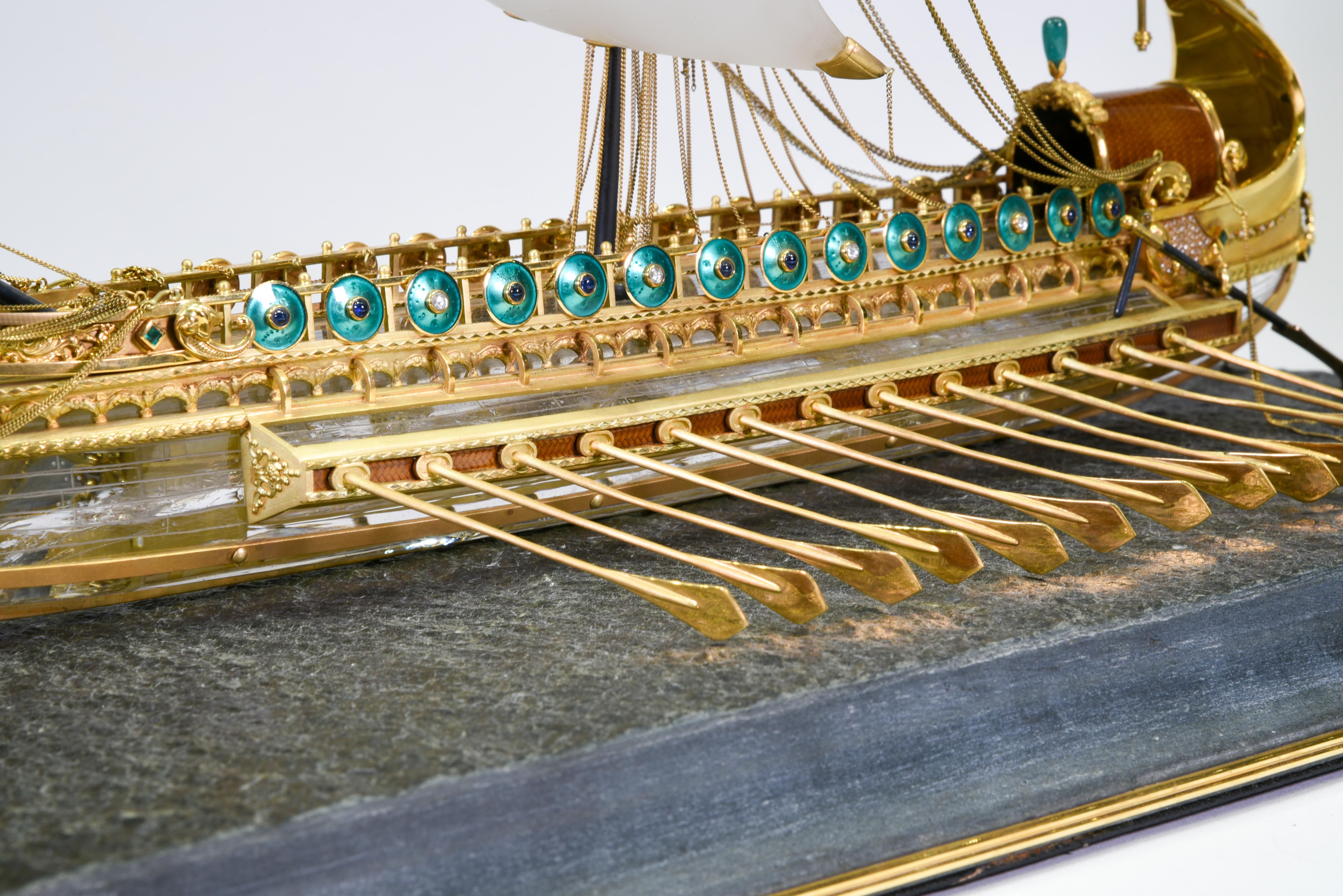 Model of Roman Galley with Gold, Diamond, Sapphire, Emerald, Enamel Rock Crystal For Sale 5