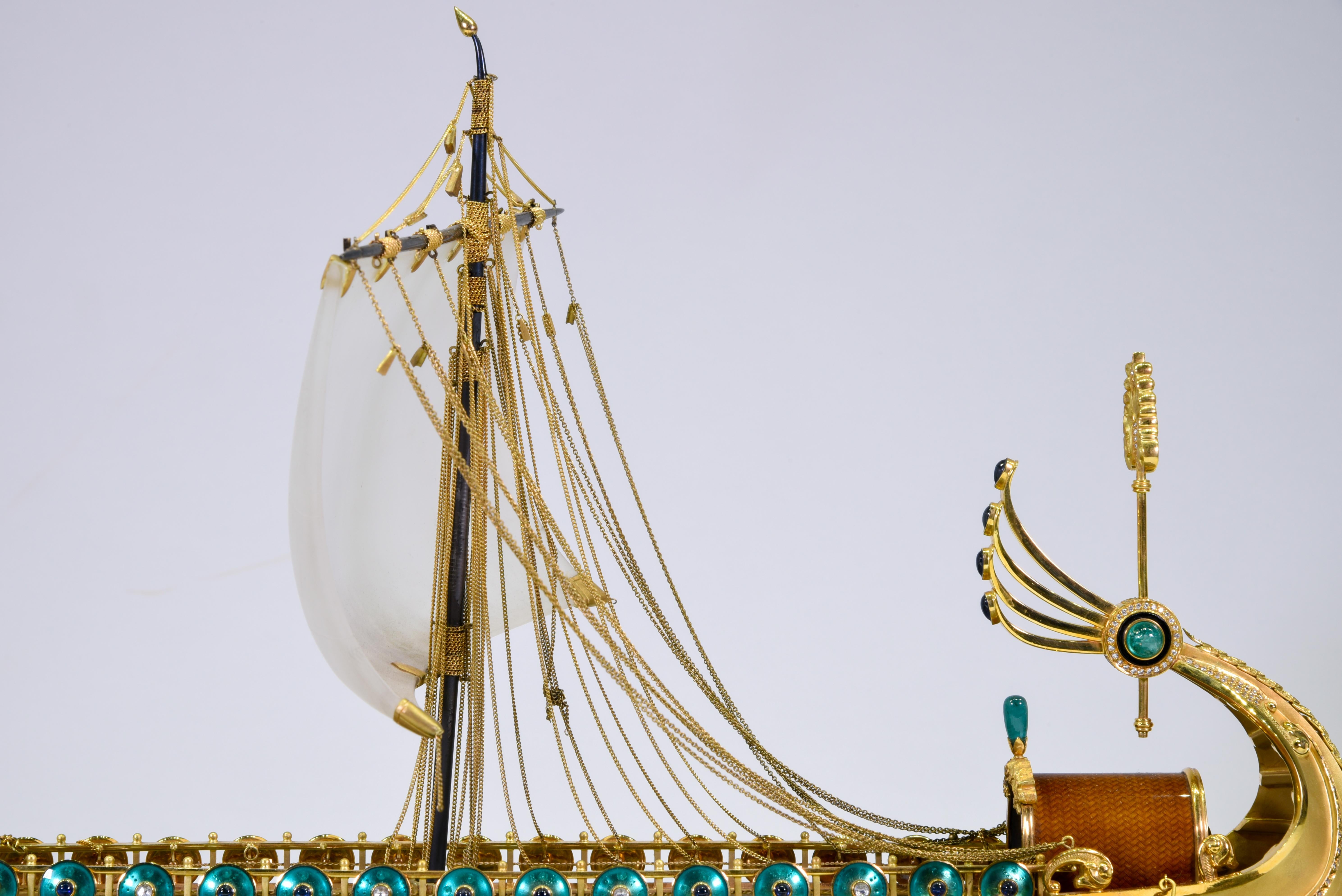 Model of Roman Galley with Gold, Diamond, Sapphire, Emerald, Enamel Rock Crystal For Sale 6