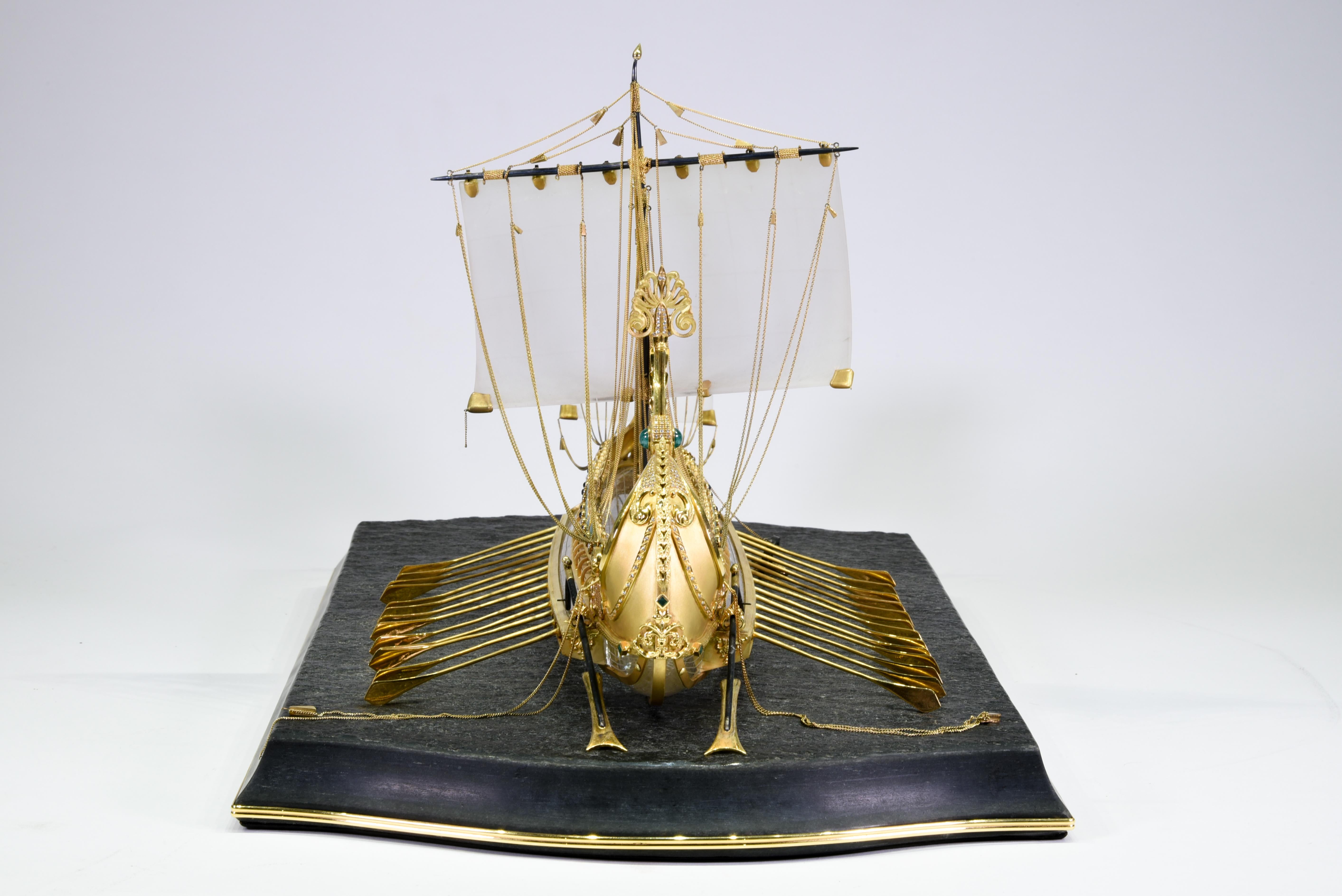 Model of Roman Galley with Gold, Diamond, Sapphire, Emerald, Enamel Rock Crystal For Sale 8