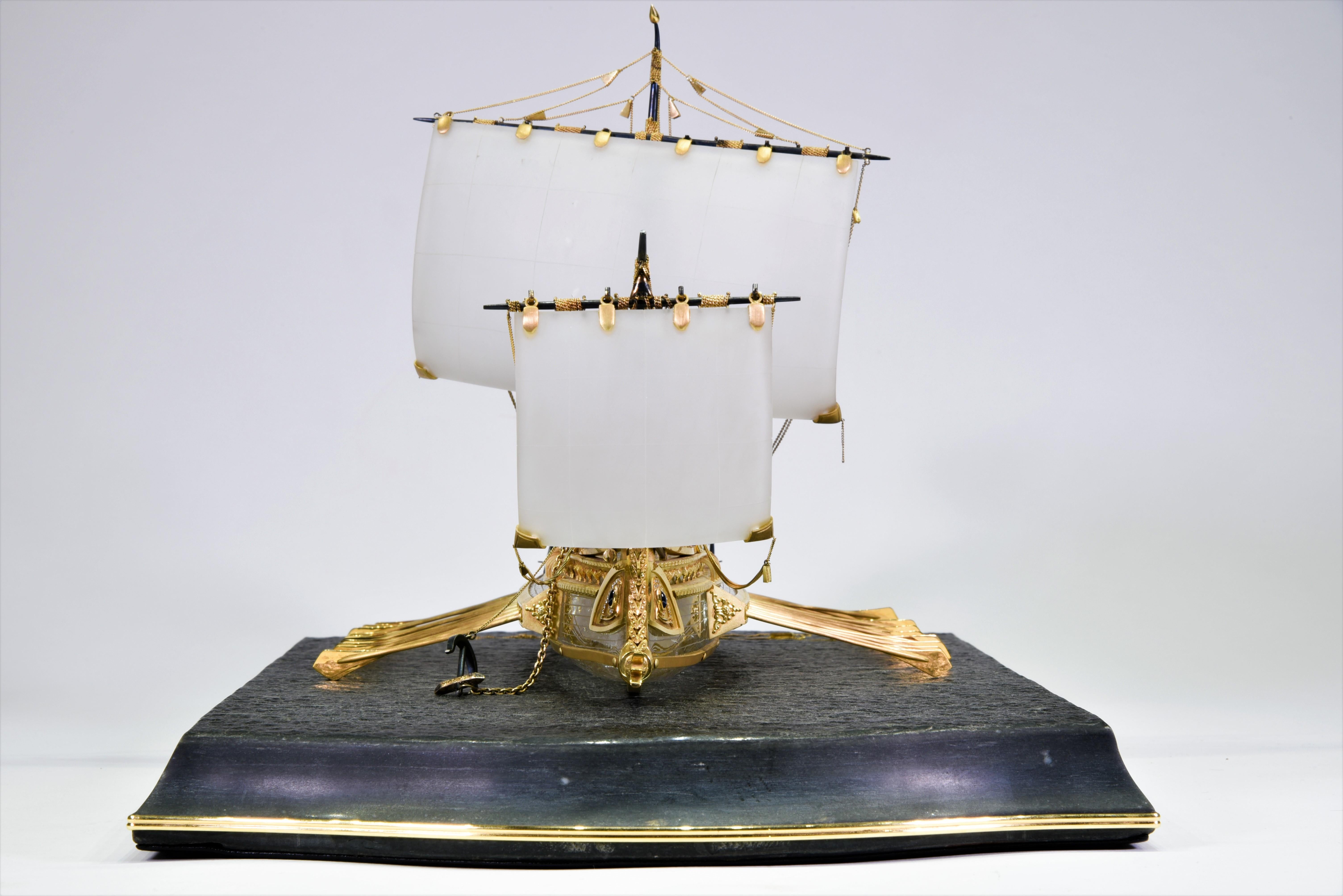 Greco Roman Model of Roman Galley with Gold, Diamond, Sapphire, Emerald, Enamel Rock Crystal For Sale