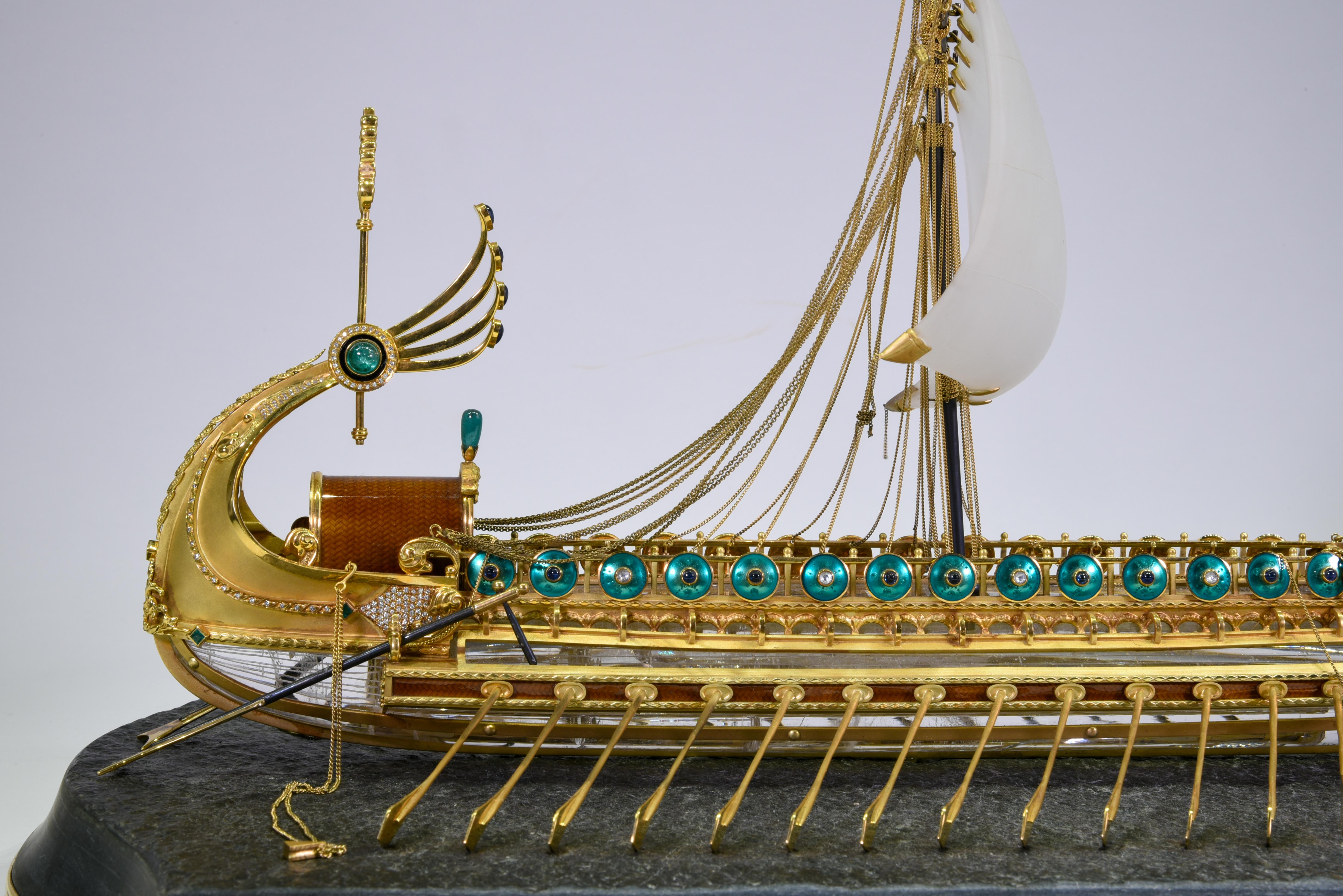 Hand-Painted Model of Roman Galley with Gold, Diamond, Sapphire, Emerald, Enamel Rock Crystal For Sale