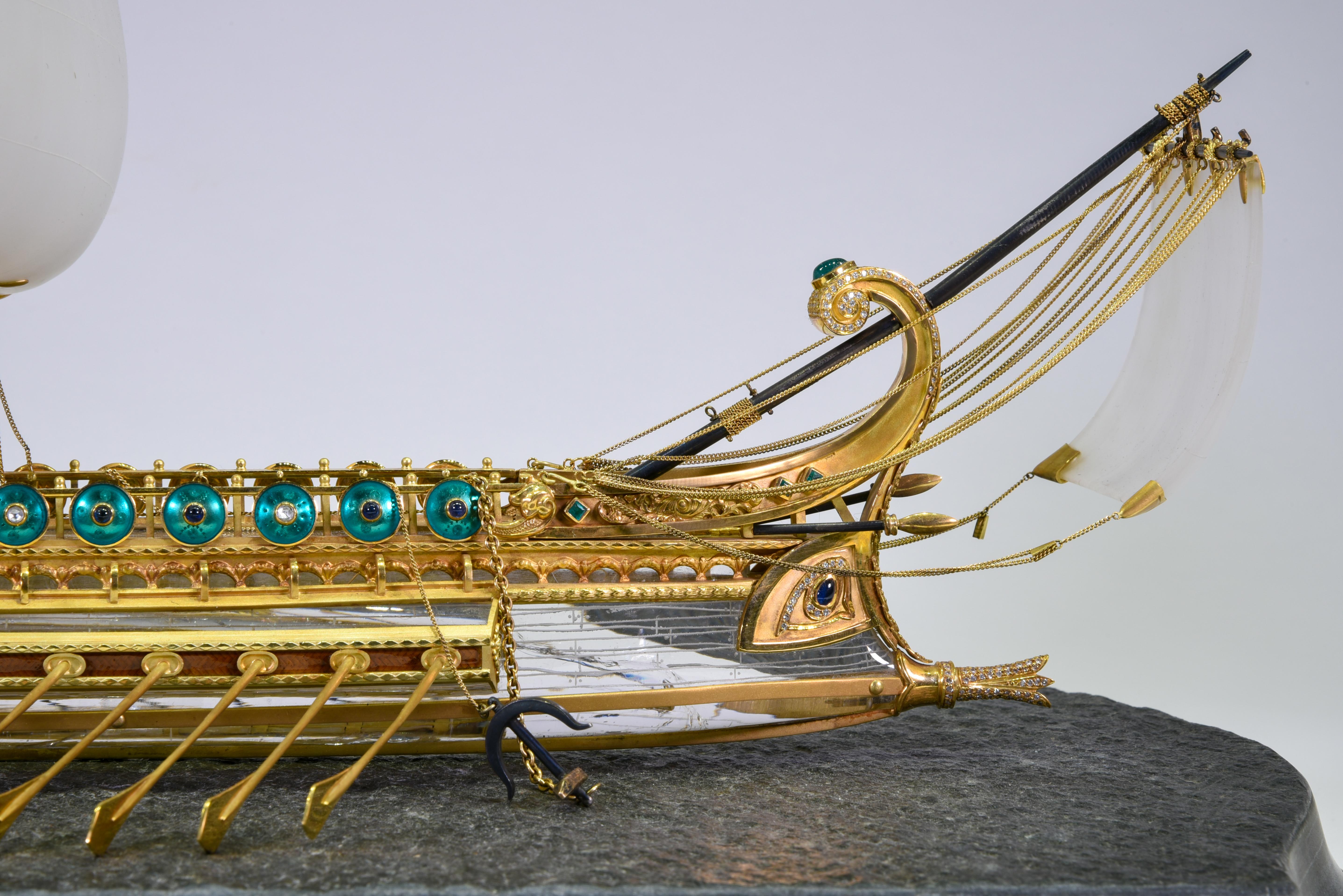 Model of Roman Galley with Gold, Diamond, Sapphire, Emerald, Enamel Rock Crystal In Good Condition For Sale In New York, NY