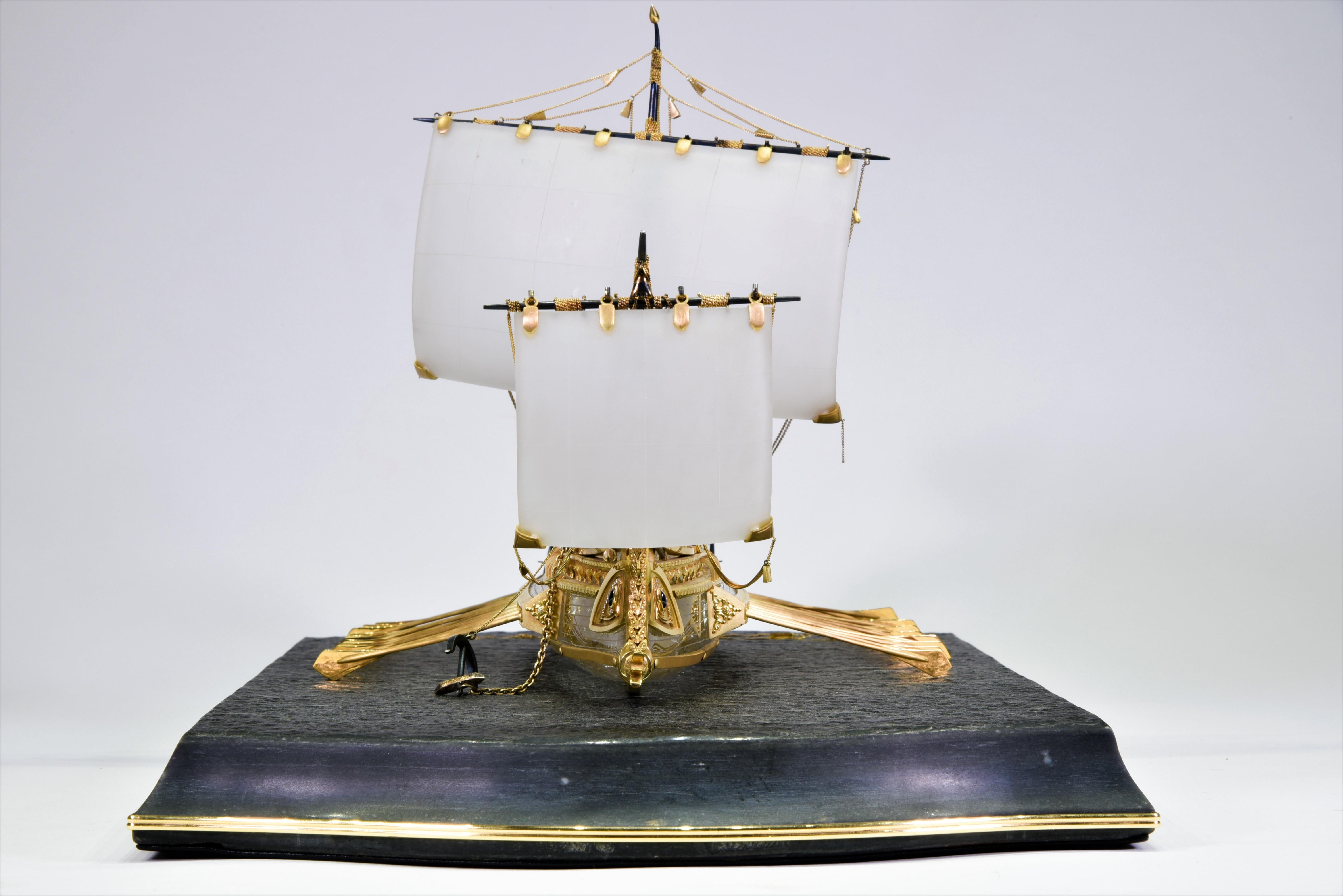 Model of Roman Galley with Gold, Diamond, Sapphire, Emerald, Enamel Rock Crystal 3