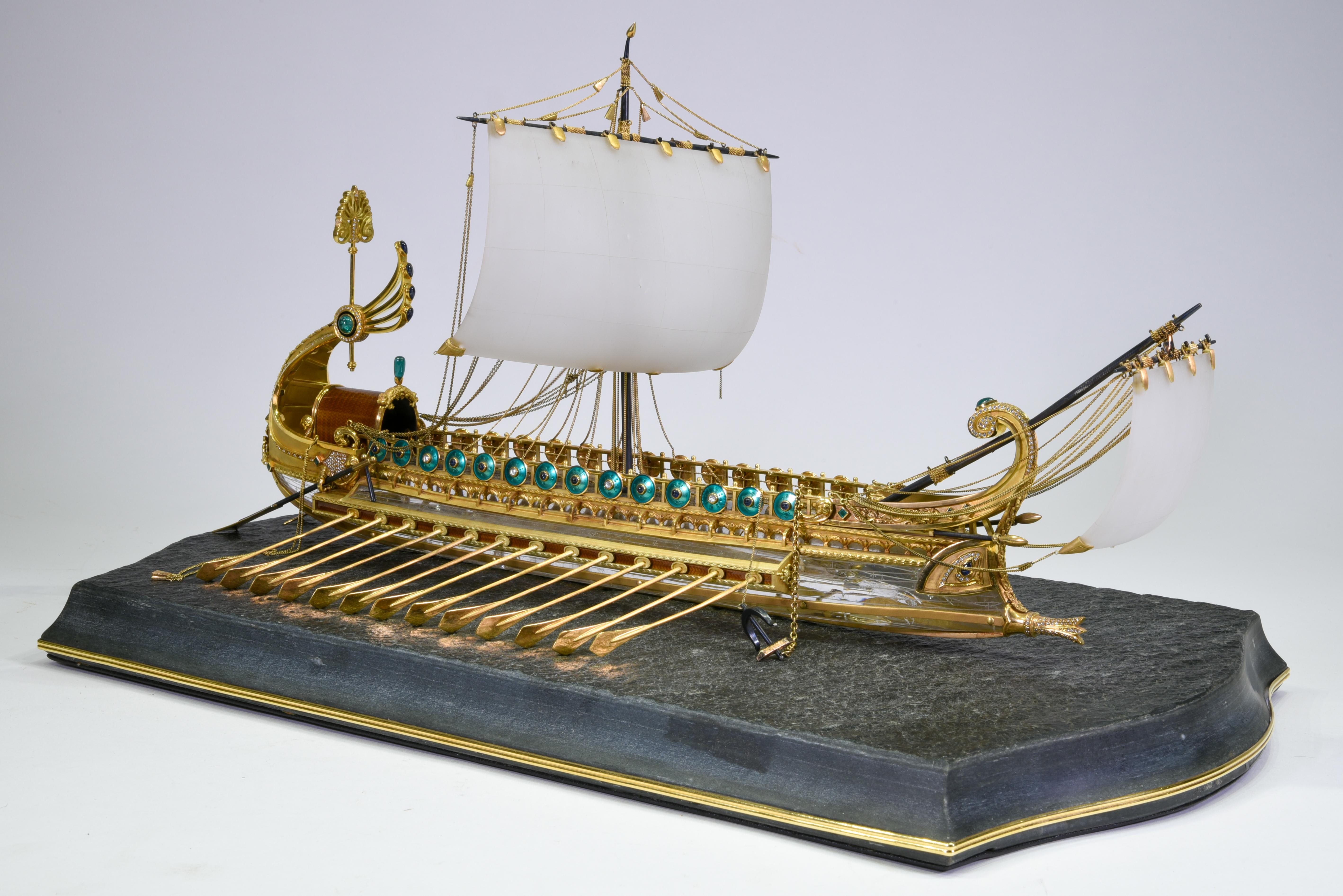 Greco Roman Model of Roman Galley with Gold, Diamond, Sapphire, Emerald, Enamel Rock Crystal