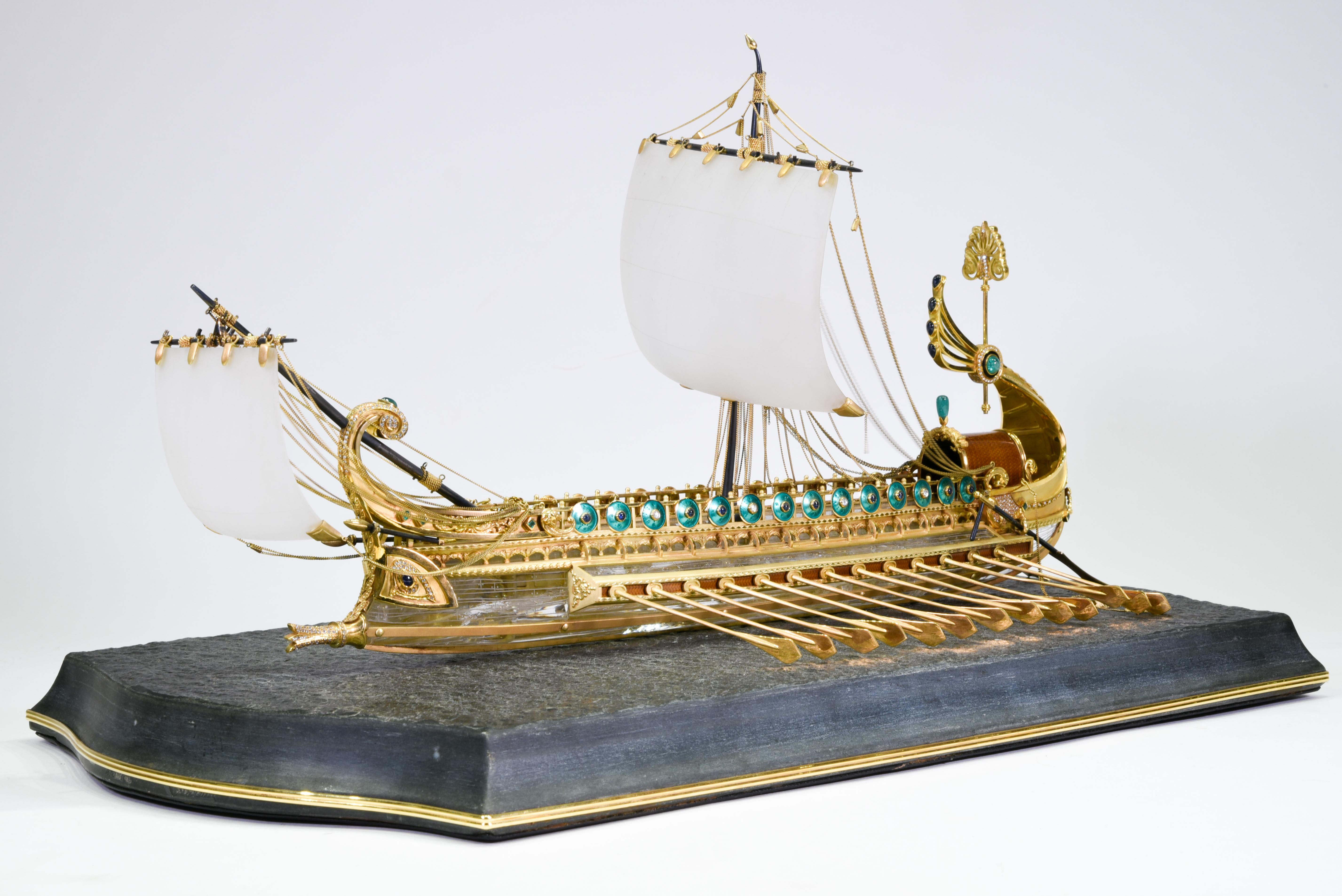 German Model of Roman Galley with Gold, Diamond, Sapphire, Emerald, Enamel Rock Crystal