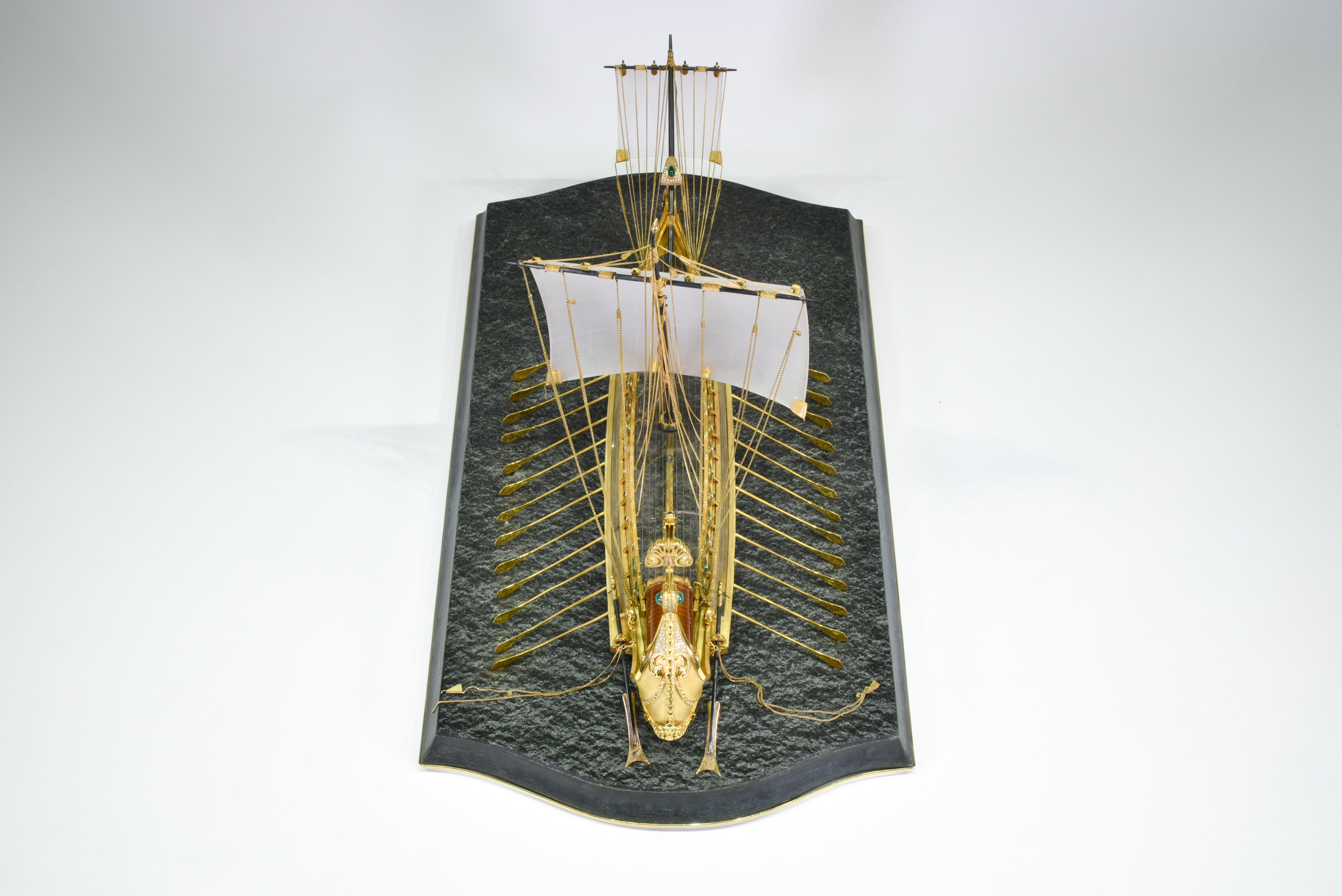Hand-Carved Model of Roman Galley with Gold, Diamond, Sapphire, Emerald, Enamel Rock Crystal