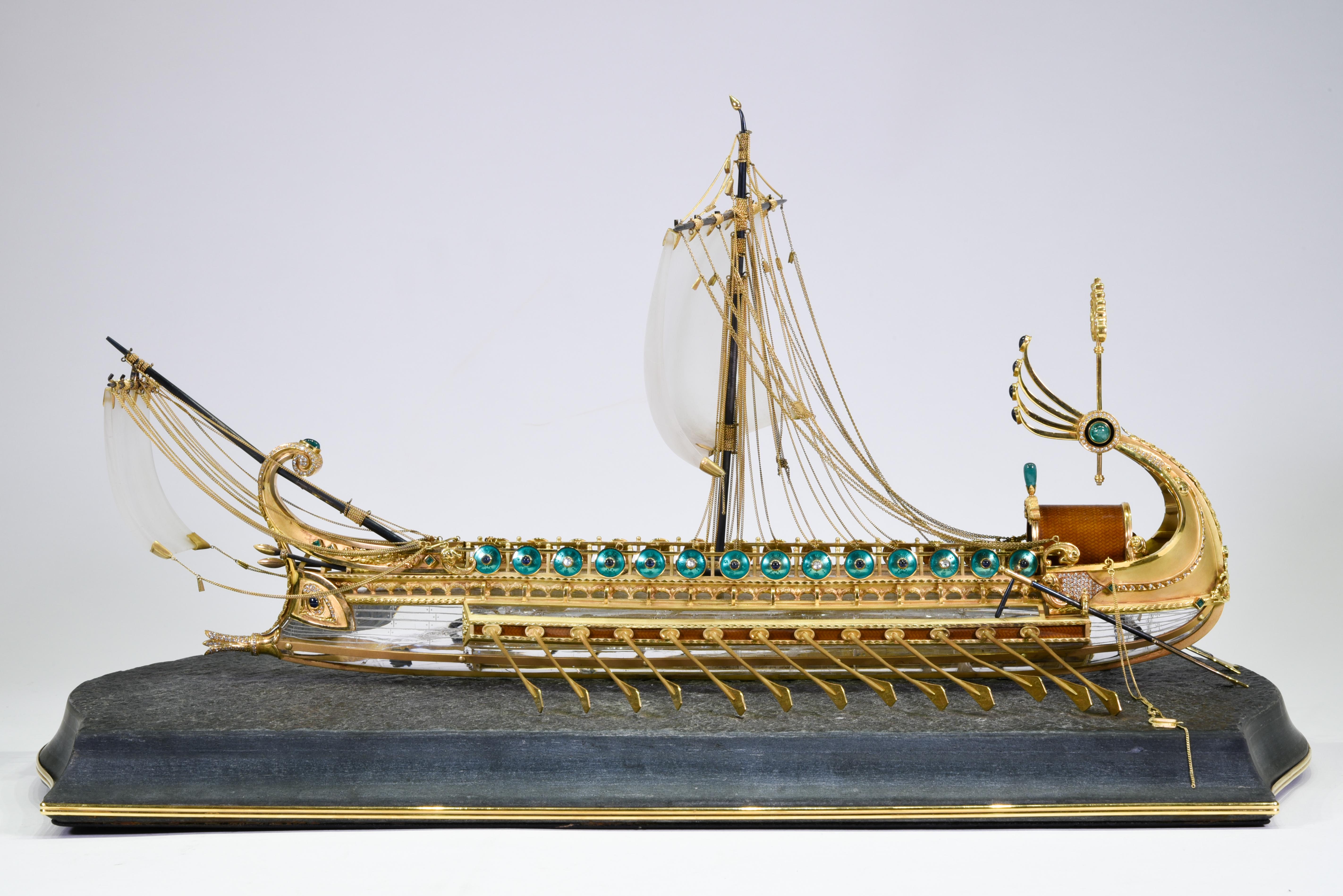 Model of Roman Galley with Gold, Diamond, Sapphire, Emerald, Enamel Rock Crystal In Good Condition In New York, NY