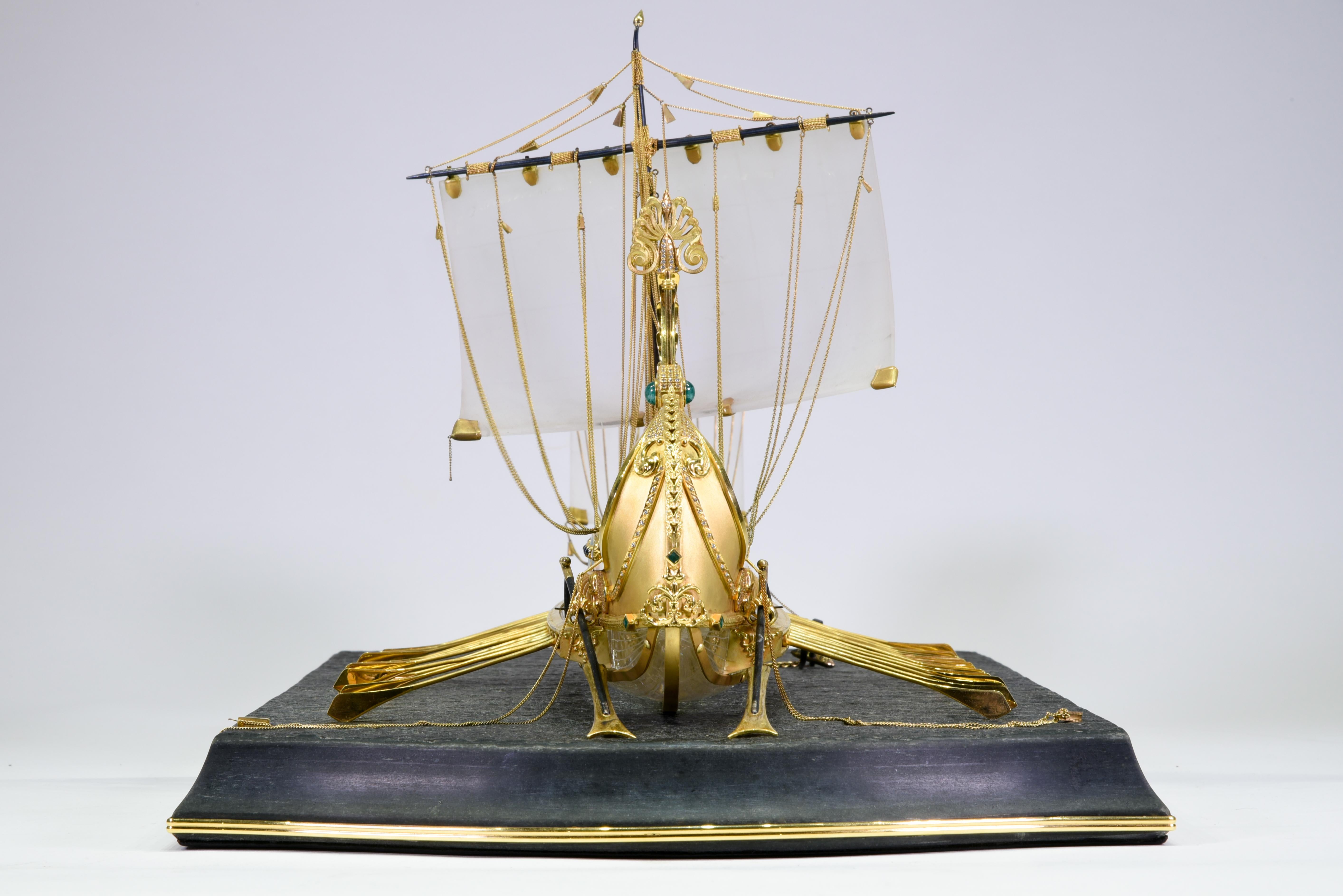 Late 20th Century Model of Roman Galley with Gold, Diamond, Sapphire, Emerald, Enamel Rock Crystal