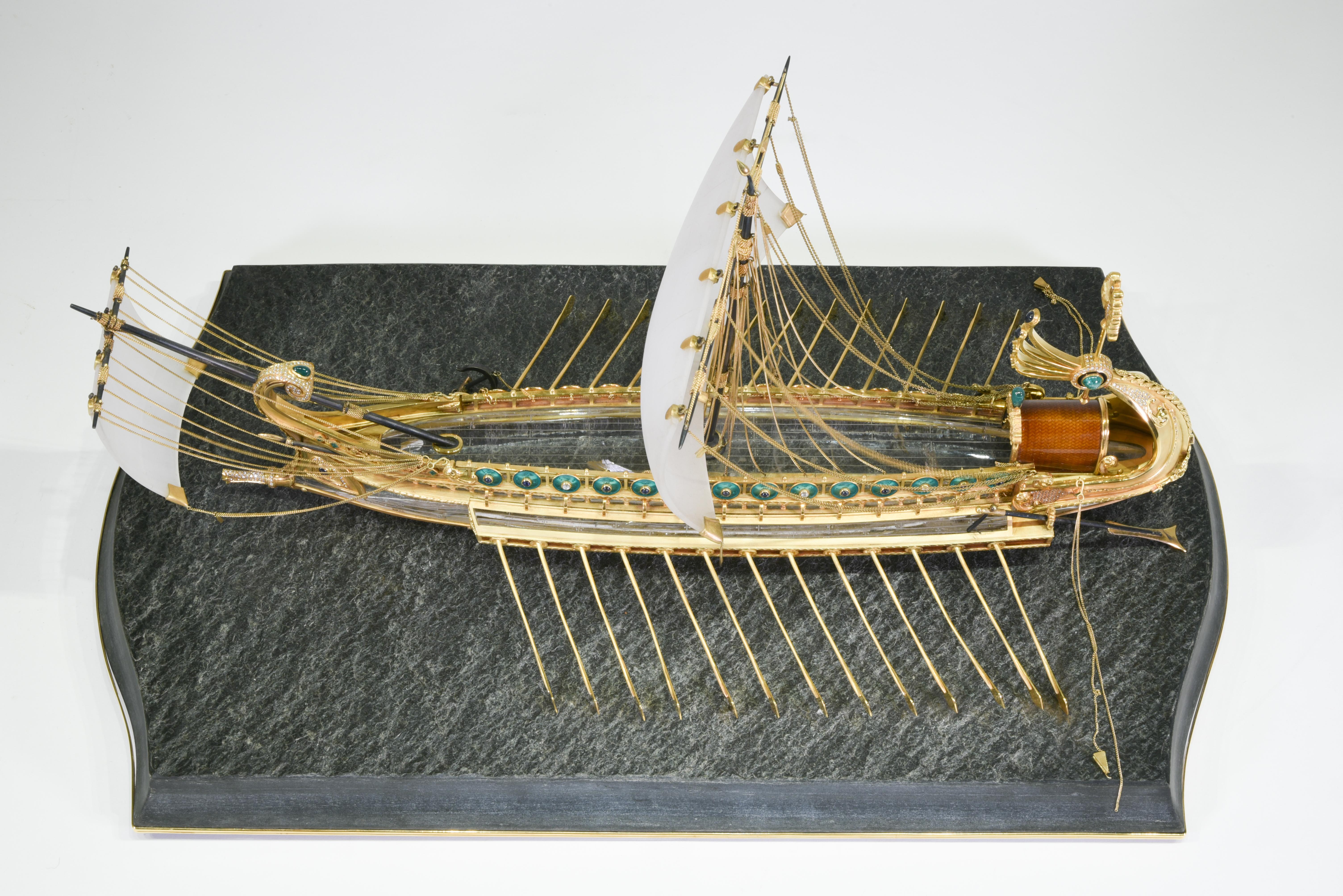 Model of Roman Galley with Gold, Diamond, Sapphire, Emerald, Enamel Rock Crystal 2