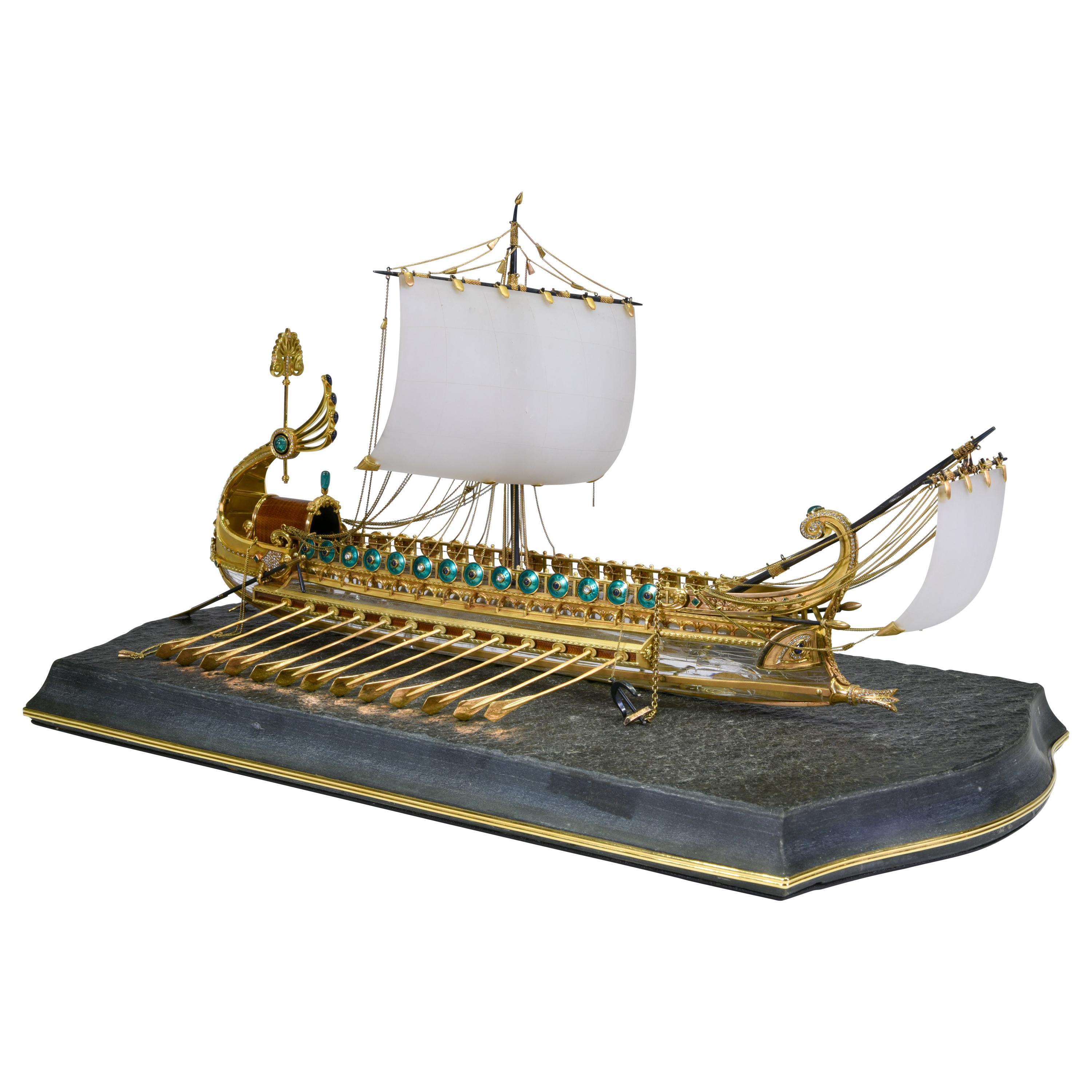 Model of Roman Galley with Gold, Diamond, Sapphire, Emerald, Enamel Rock Crystal For Sale