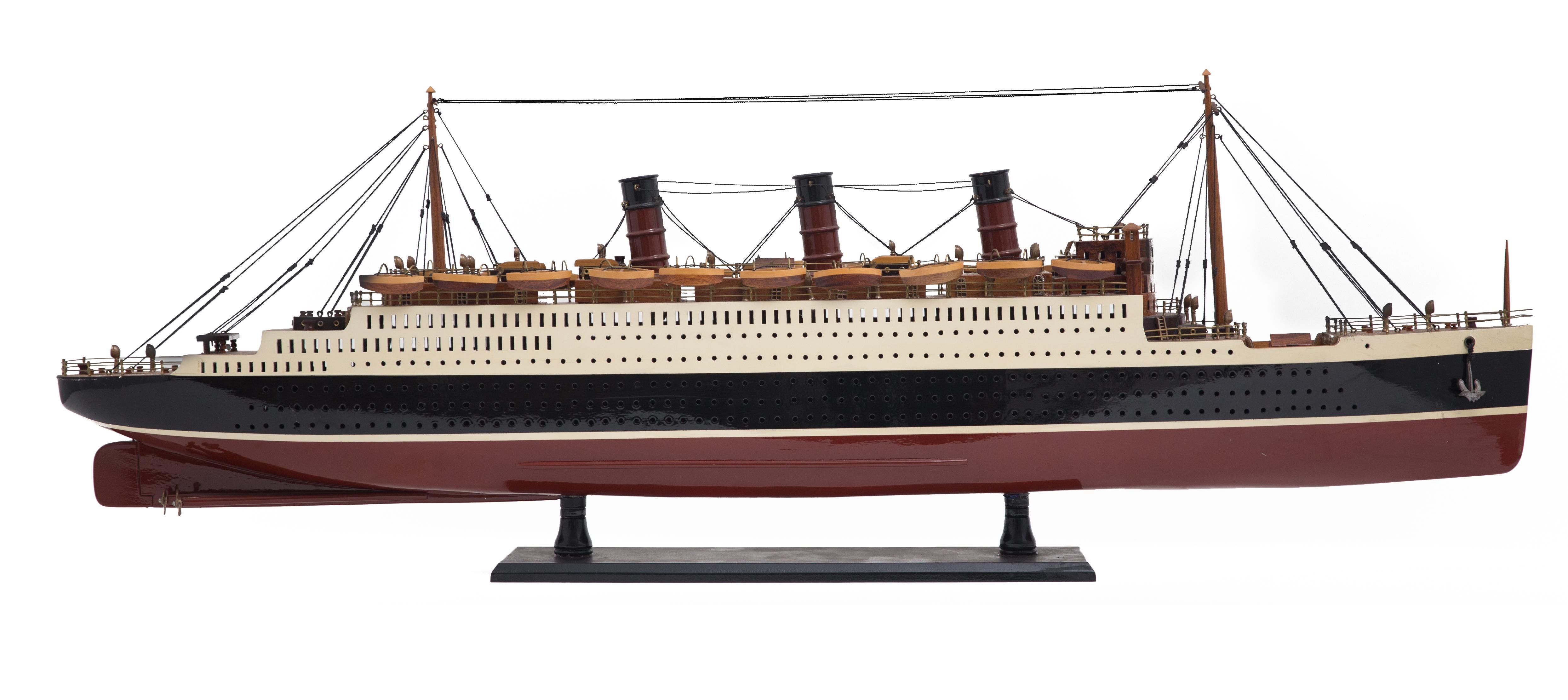 Offered is an amazing model of the famous luxury ocean liner, The Queen Mary. I can’t imagine how anyone could have put this miniature ocean liner together. The detail work is amazing, even each piece of the decking is a separate piece of wood. This