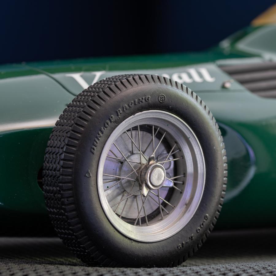 Model of the 1957 Formula One Vanwall, by internationally recognised British model maker Jeff Luff. 

This is a 1:12 scale model, hand made in wood, resin and metal of the car that won the 1957 British Grand Prix with drivers Tony Brooks and