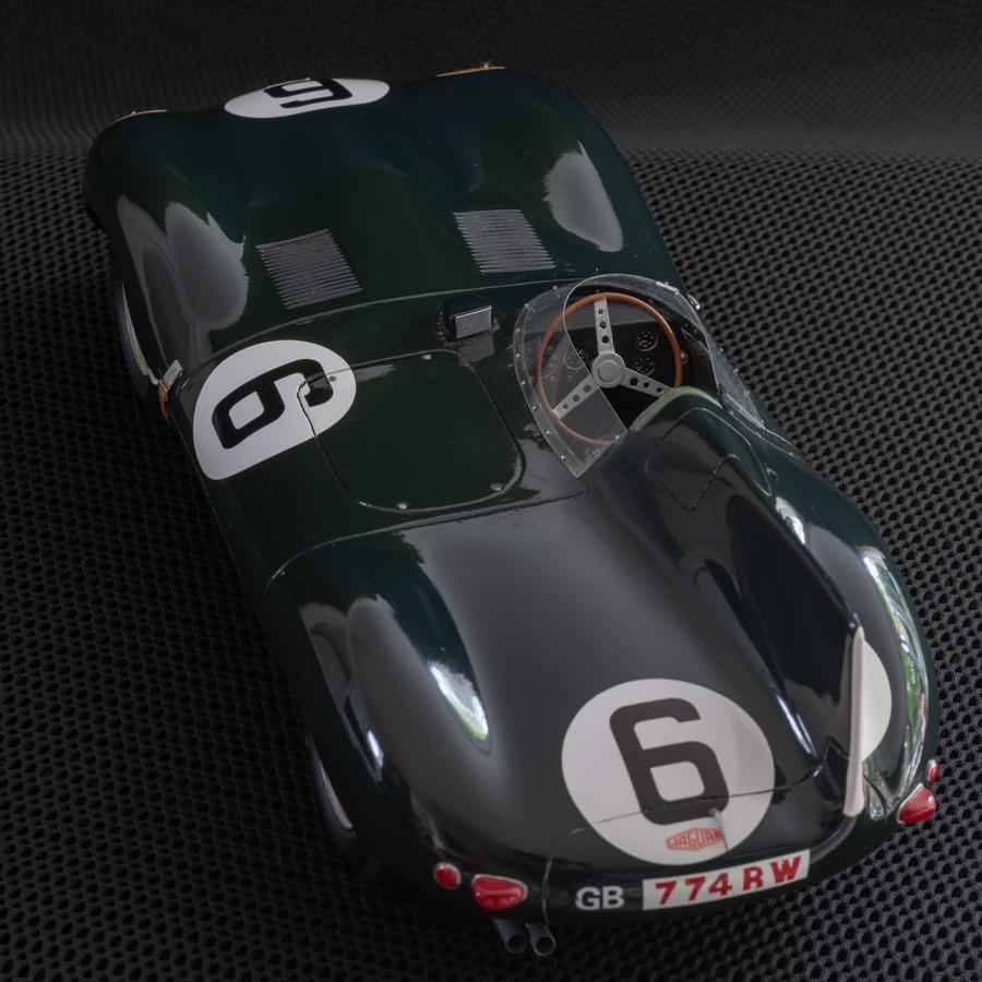 Model of the 1955 'Works' Jaguar D-Type Long Nose, by internationally recognised British model maker Jeff Luff. 

This is a 1:12 scale model, hand made in wood, resin and metal of the car that won the 1955 Le Mans 24hr race with drivers Mike