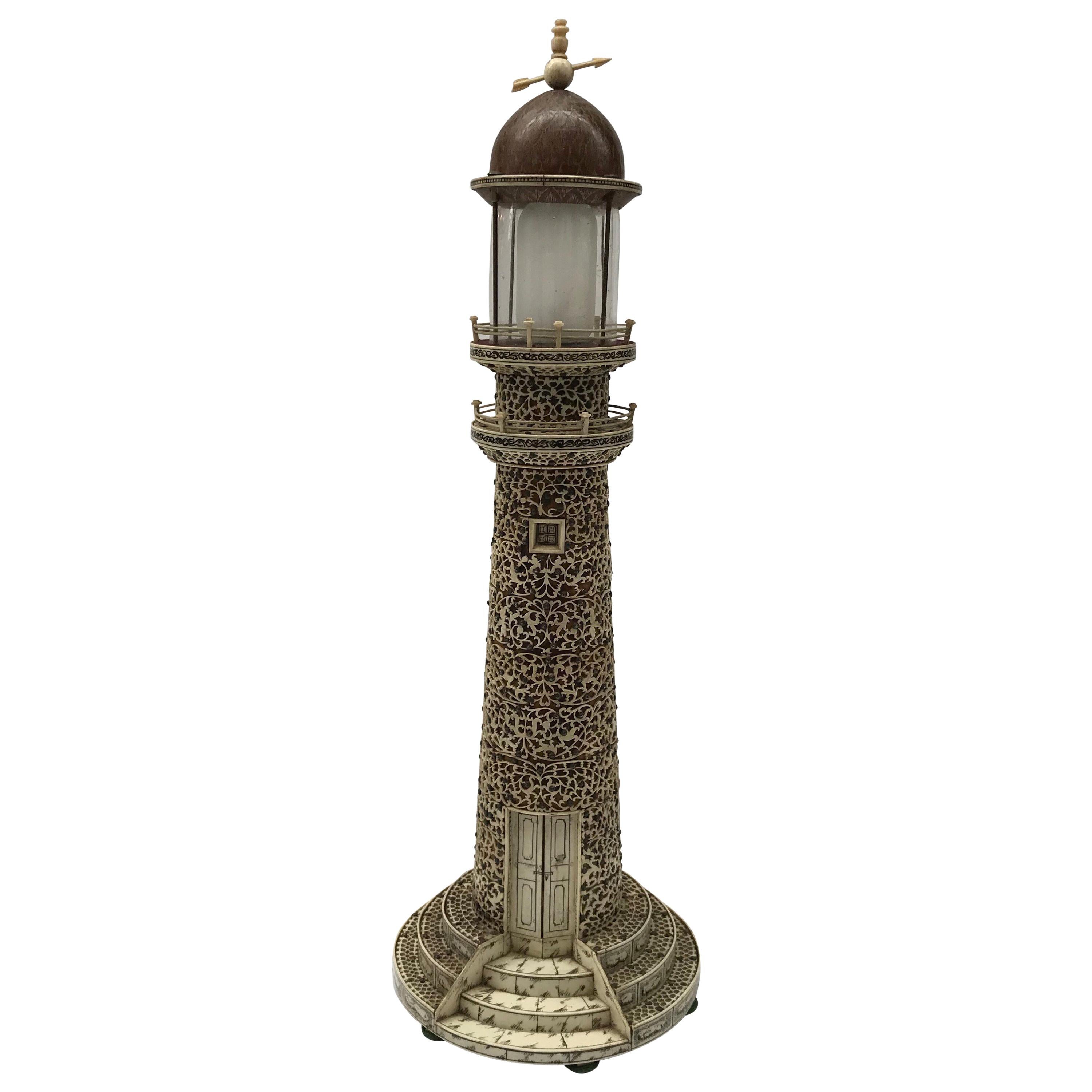 Antique Brass Lighthouse Lamp with Opalescent Glass For Sale at 1stDibs