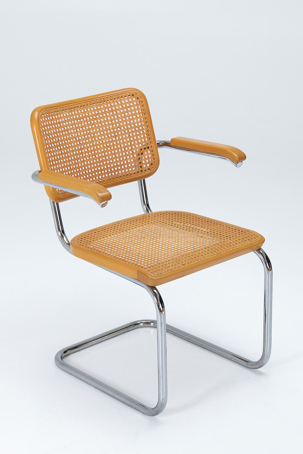 A cantilever chair, model S64, designed by Marcel Breuer in the 1920s, Germany. The chair is also known as the 'Cesca' chair, named after his daughter Francesca. This example dates from the 1980s, produced by Thonet. The frame is in chrome-plated