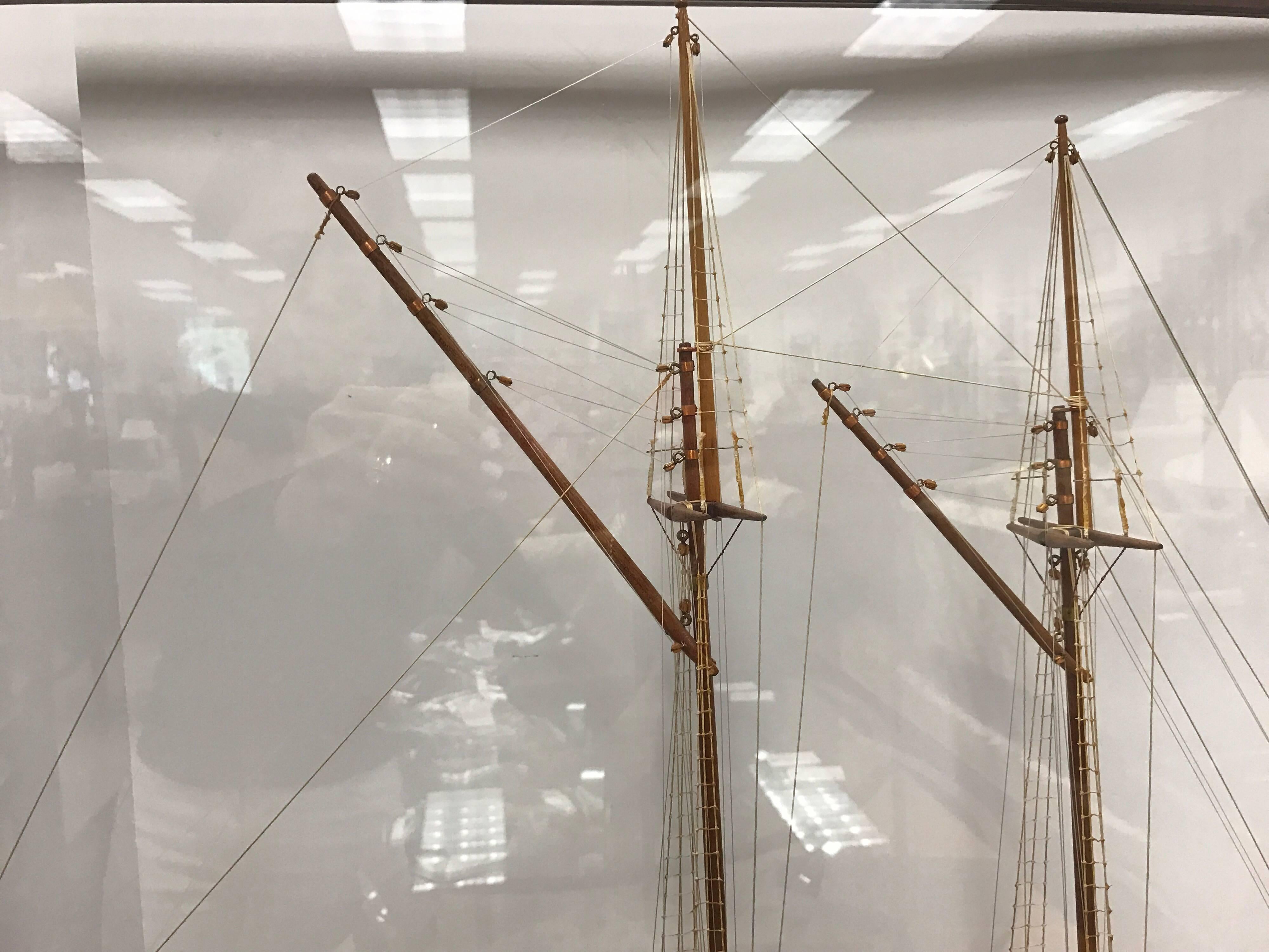 Mid-Century Modern Model Schooner Boat Diorama Encased in Glass Cabinet
