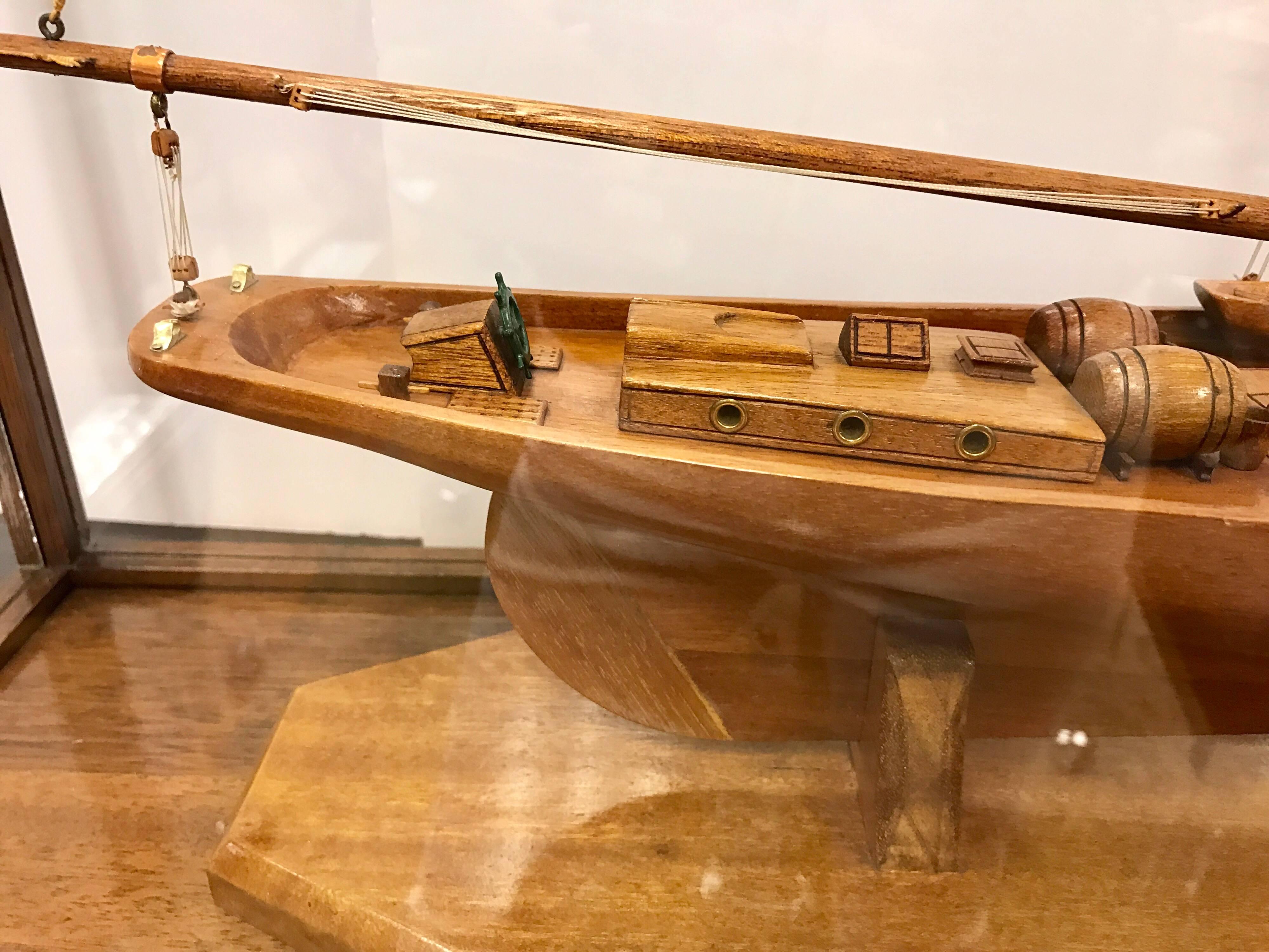 American Model Schooner Boat Diorama Encased in Glass Cabinet