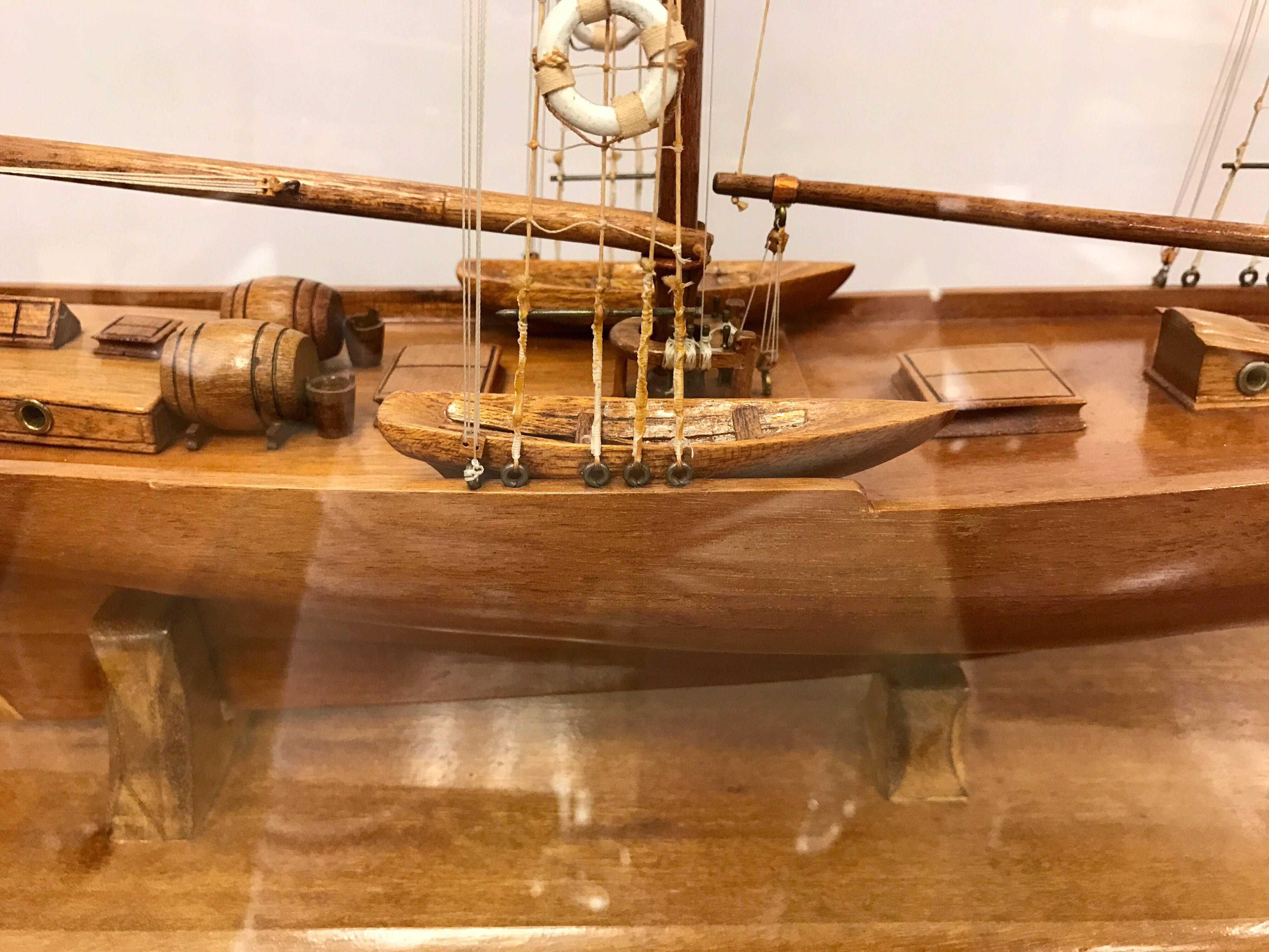 Model Schooner Boat Diorama Encased in Glass Cabinet In Excellent Condition In West Hartford, CT