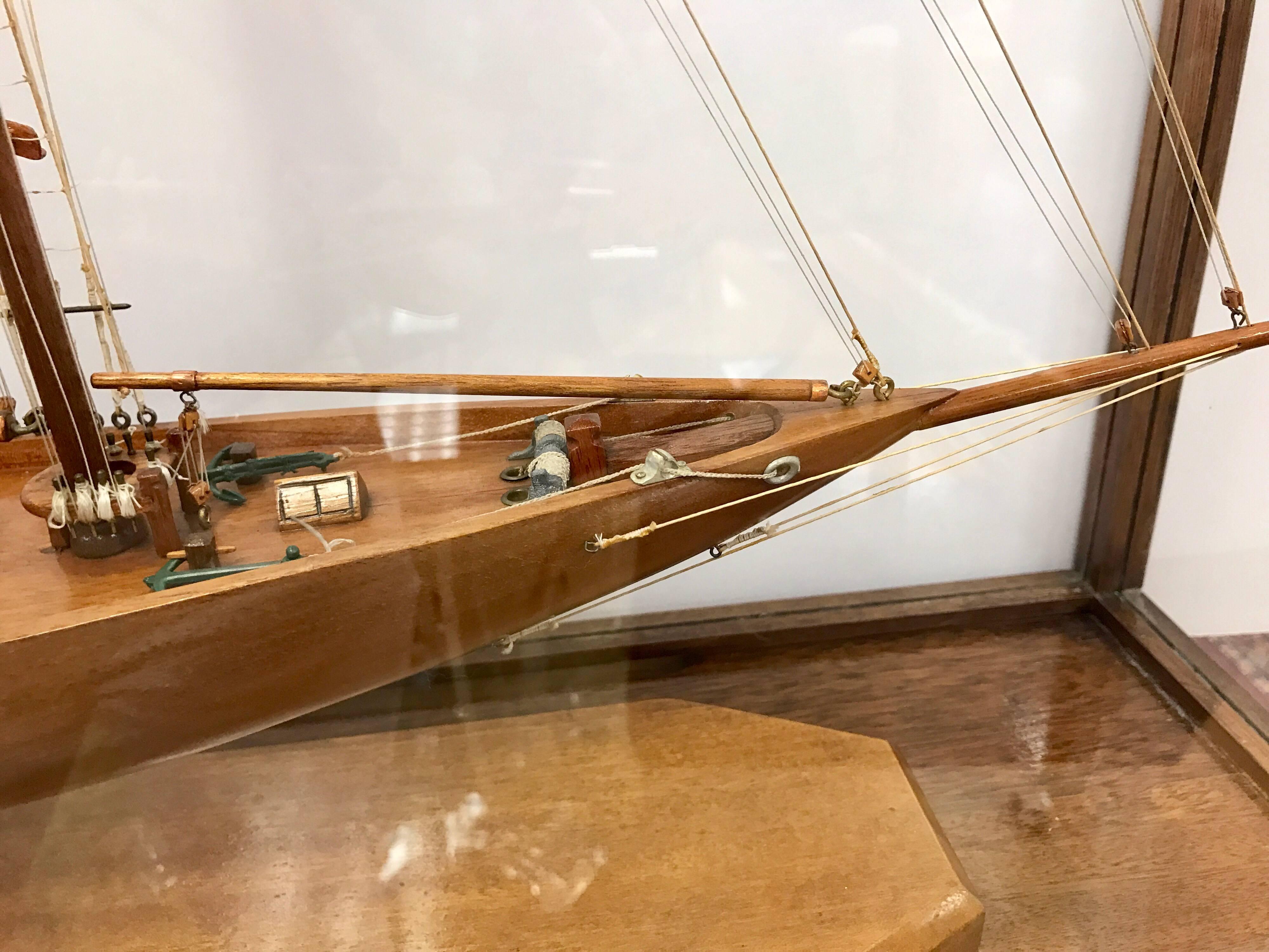 Late 20th Century Model Schooner Boat Diorama Encased in Glass Cabinet
