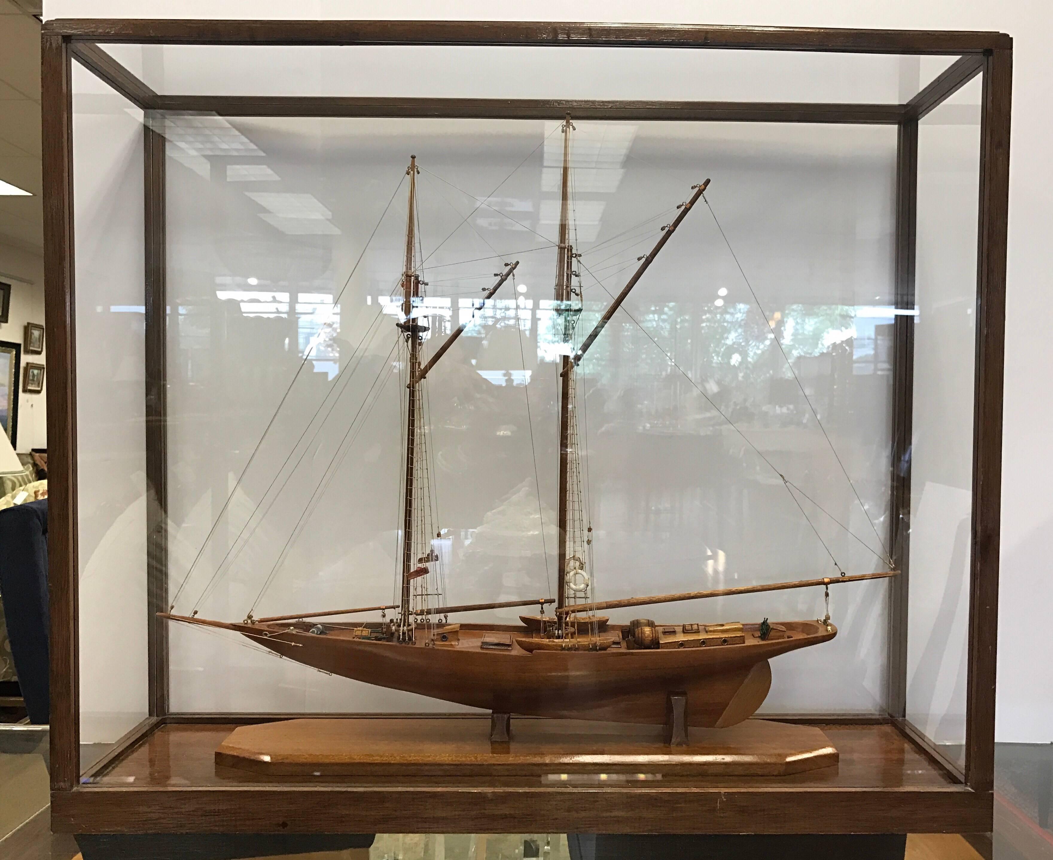 Model Schooner Boat Diorama Encased in Glass Cabinet 1