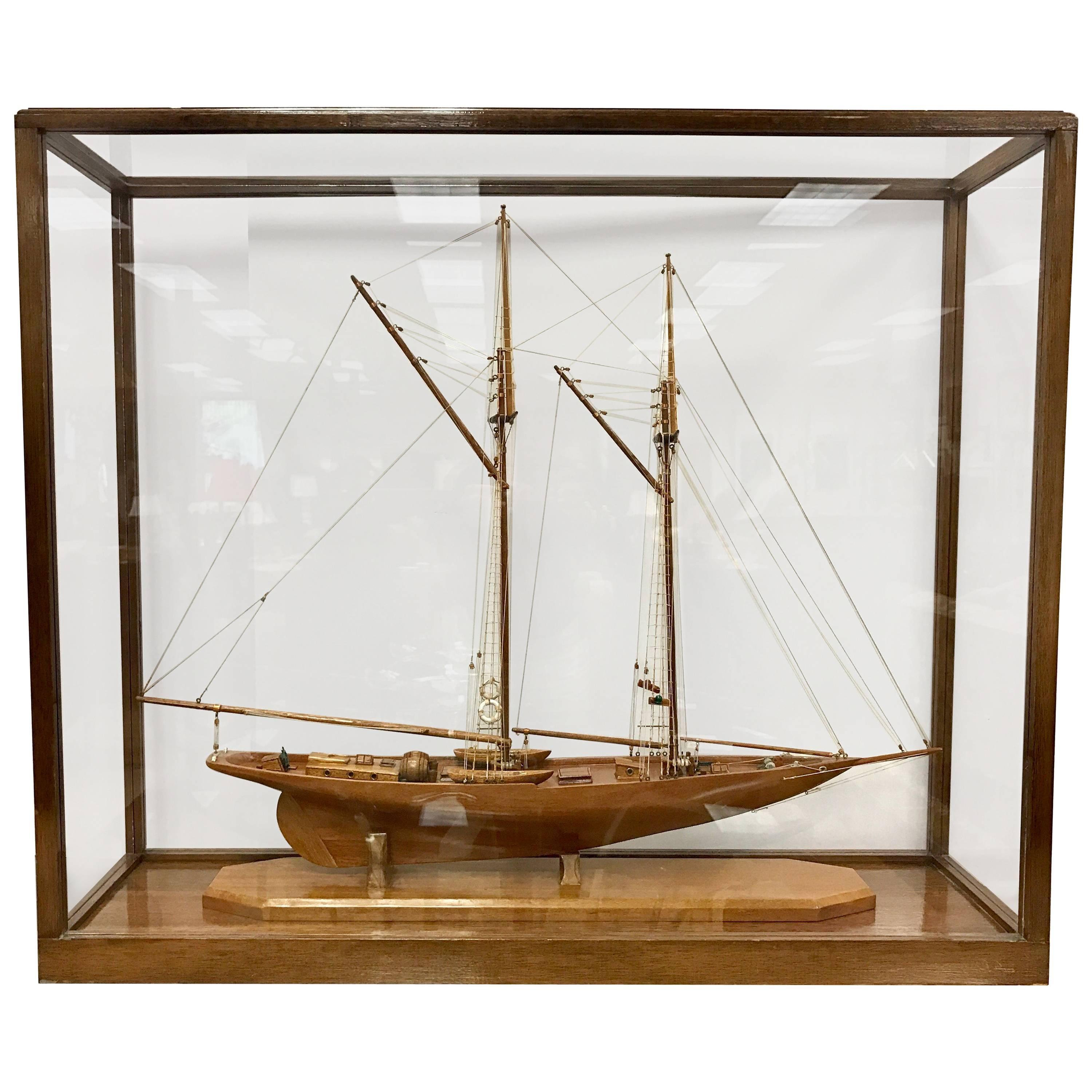 Model Schooner Boat Diorama Encased in Glass Cabinet