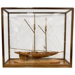 Model Schooner Boat Diorama Encased in Glass Cabinet