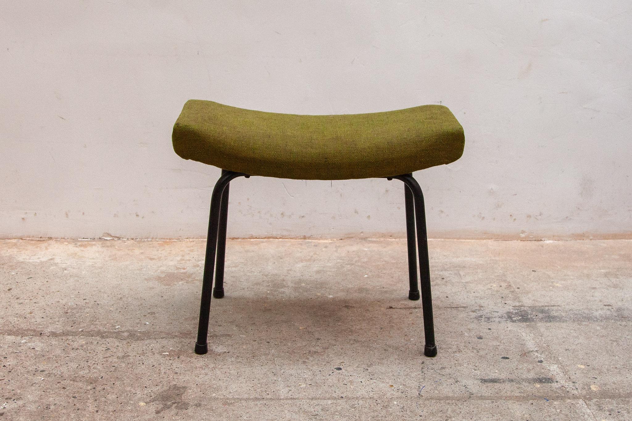 Stool with metal tube frame with original olive green upholstery designed by Pierre Guariche, 1950s, Belgium.

