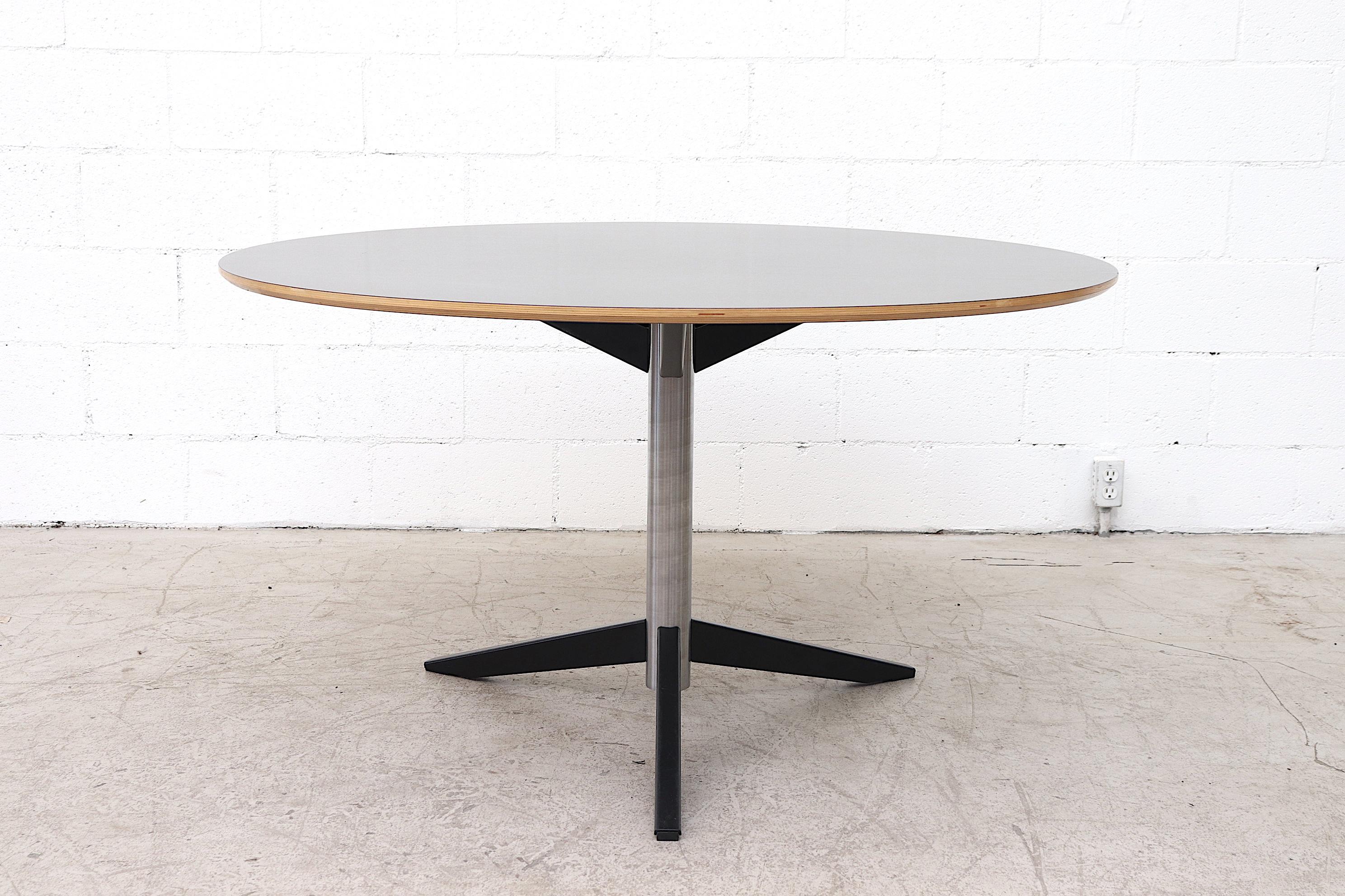 Black Formica topped dining table with brushed chromed steel base and black enameled metal feet. Model TE06, designed by Martin Visser for 't Spectrum, Netherlands, 1972.
  