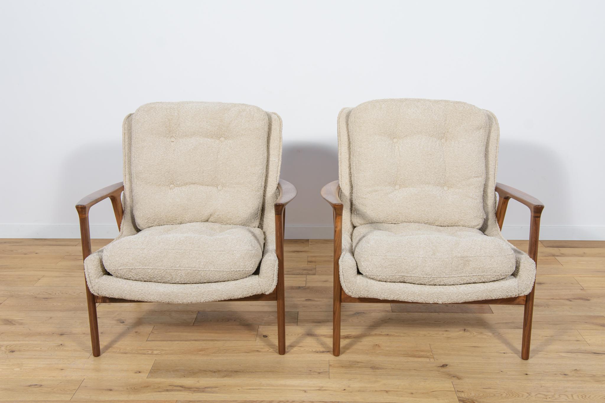 
Armchairs were designed by Inge Andersson for the Bröderna Andersson manufacture. This set of two Swedish armchairs was produced in the 1960s. The armchairs are characterized by high-quality materials and workmanship. Completely restored.