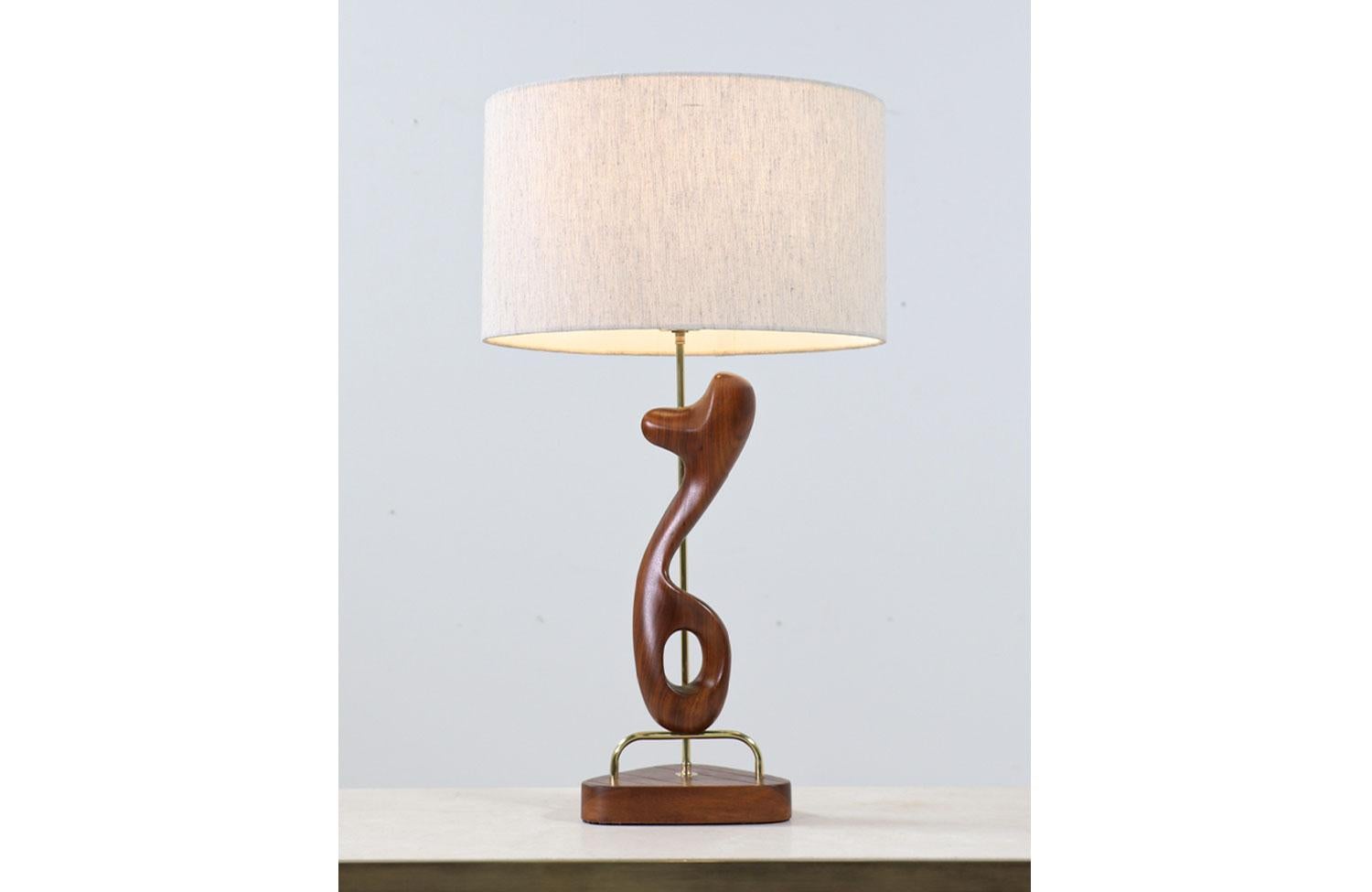 Expertly Restored - Modeline of California Sculpted Walnut & Brass Table Lamps In Excellent Condition For Sale In Los Angeles, CA