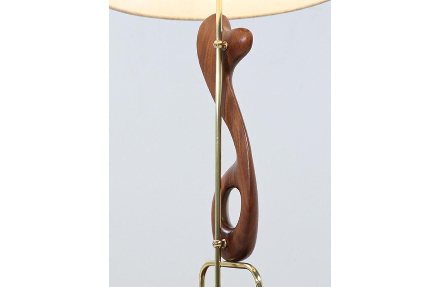 Linen Expertly Restored - Modeline of California Sculpted Walnut & Brass Table Lamps For Sale