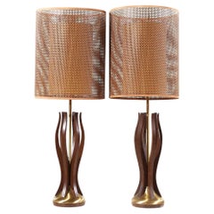 Vintage Modeline Style Mid Century Walnut and Brass Lamps - Pair