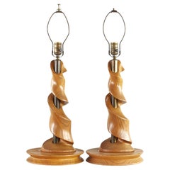 Used Modeline Style Sculptural Wood and Brass Lamps, Pair