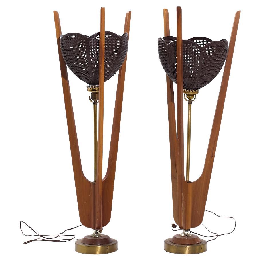 Modeline Style Walnut and Brass Table Lamps - Pair