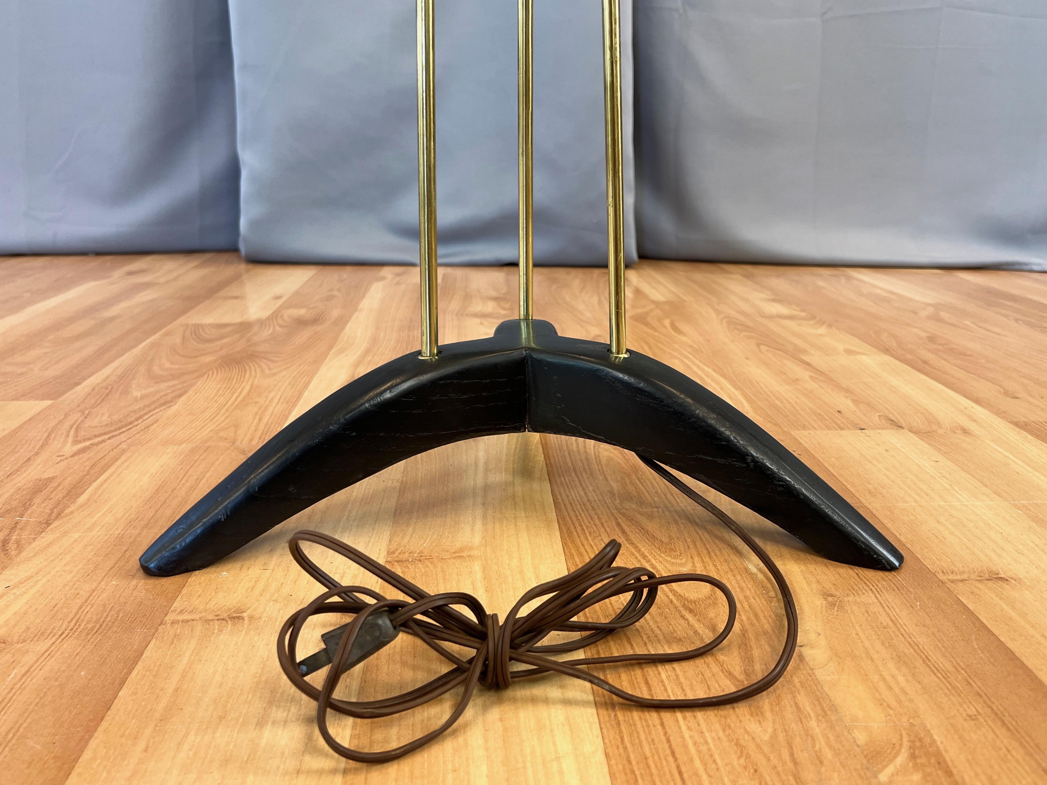 Modeline Tripod Floor Lamp with Fiberglass Saucer Shades, Brass, and Wood, 1950s 5