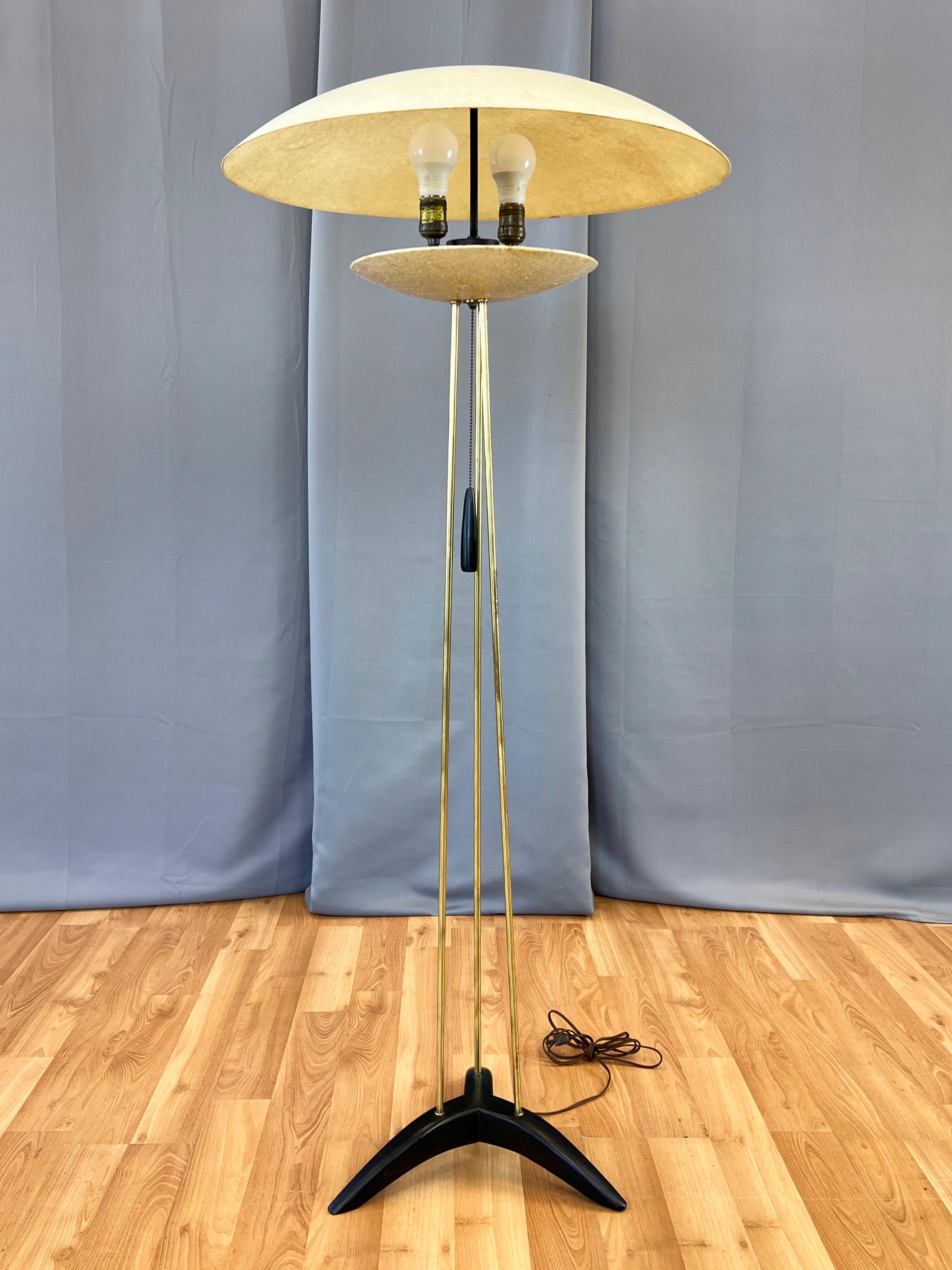Modeline Tripod Floor Lamp with Fiberglass Saucer Shades, Brass, and Wood, 1950s 9