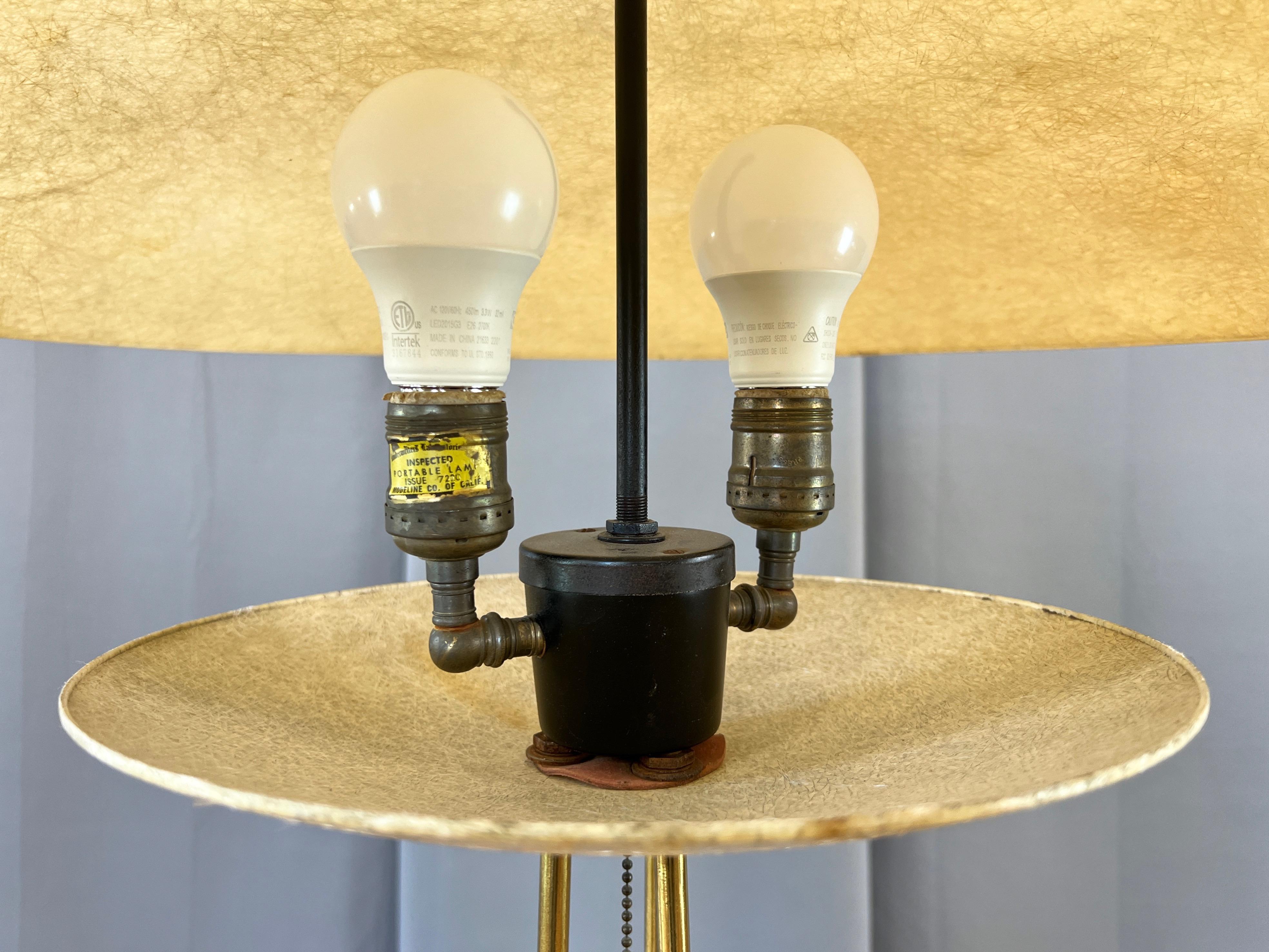 Modeline Tripod Floor Lamp with Fiberglass Saucer Shades, Brass, and Wood, 1950s 13