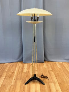 Modeline Tripod Floor Lamp with Fiberglass Saucer Shades, Brass, and Wood, 1950s