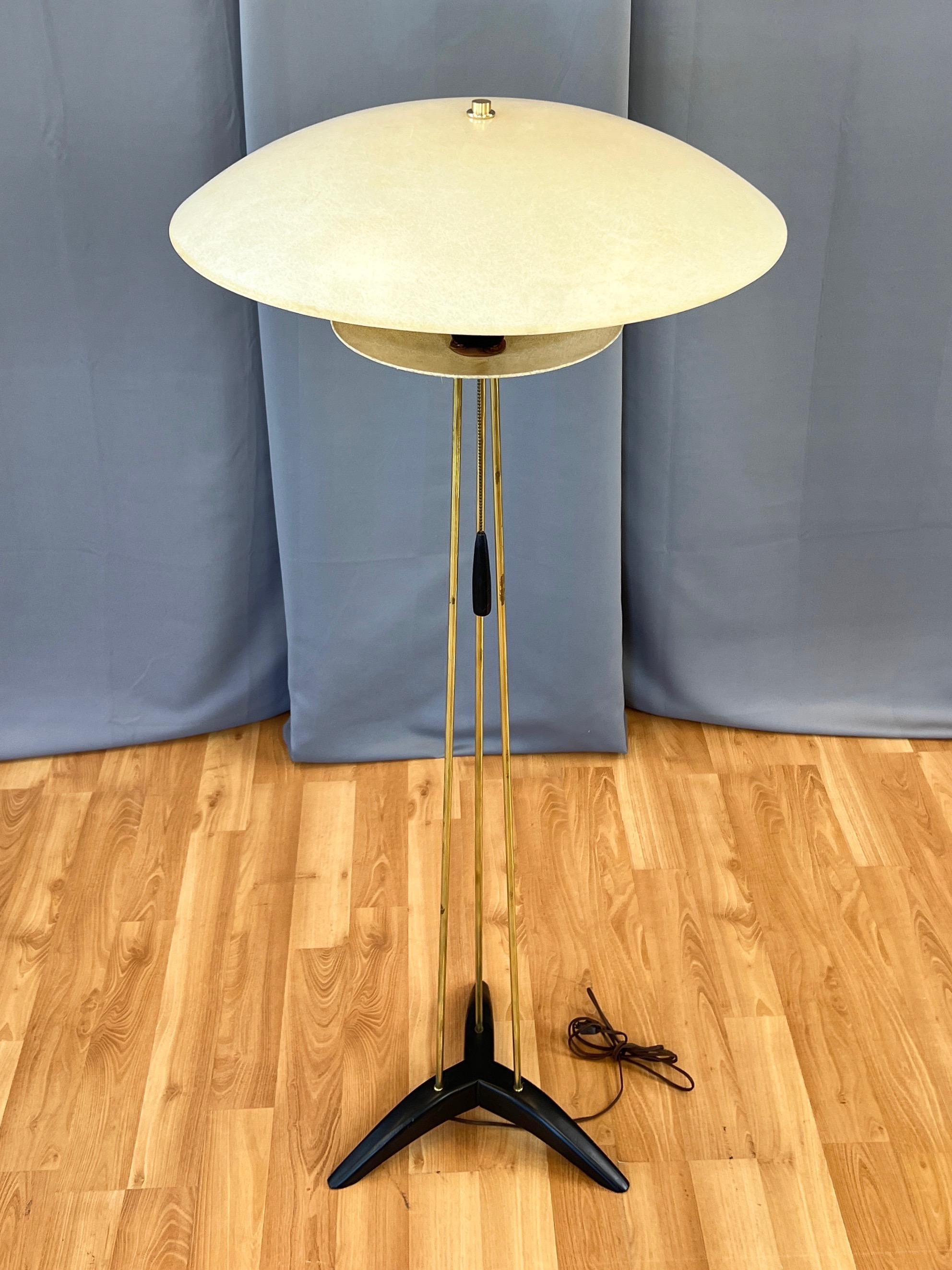 American Modeline Tripod Floor Lamp with Fiberglass Saucer Shades, Brass, and Wood, 1950s