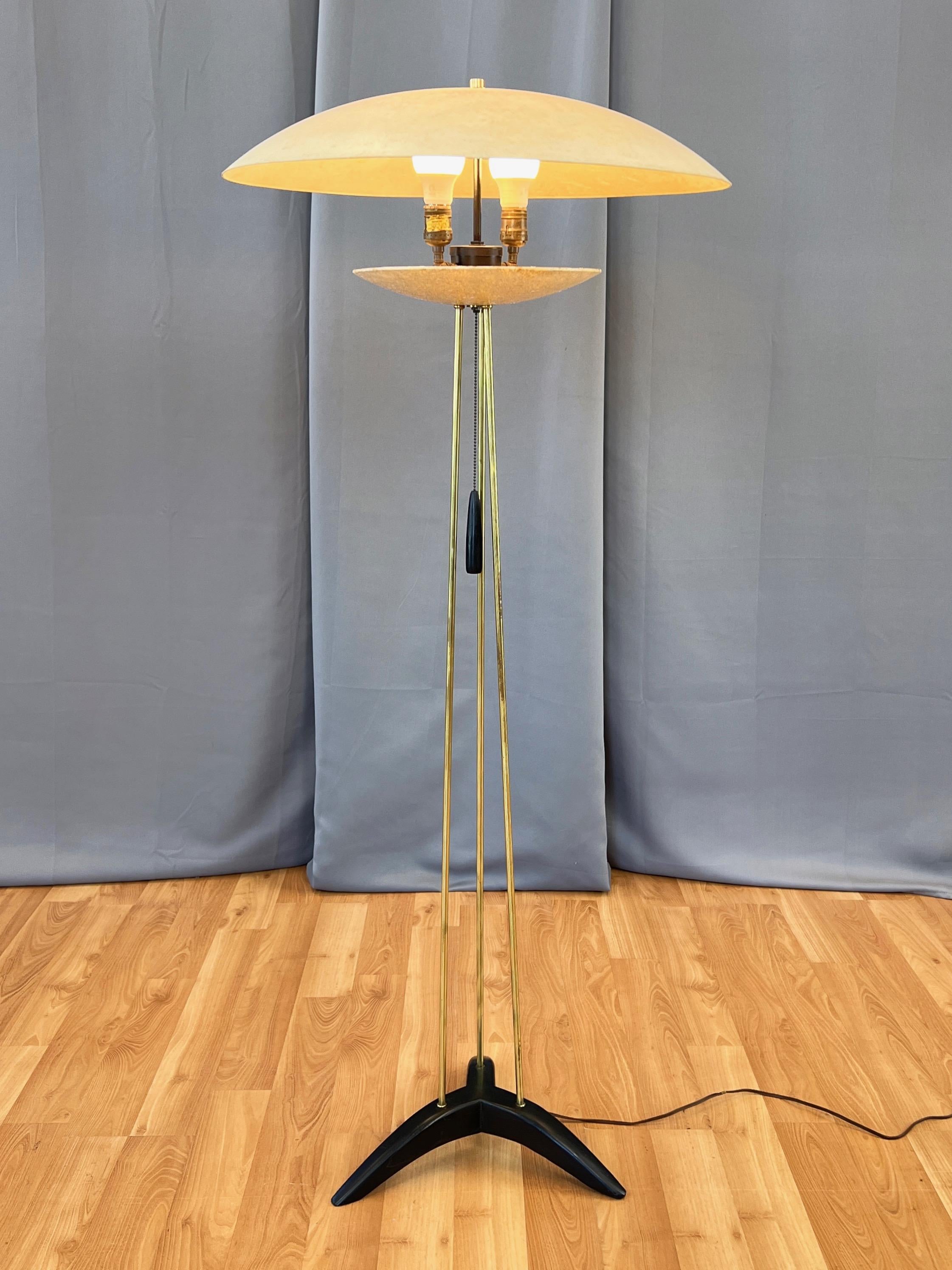 Mid-20th Century Modeline Tripod Floor Lamp with Fiberglass Saucer Shades, Brass, and Wood, 1950s