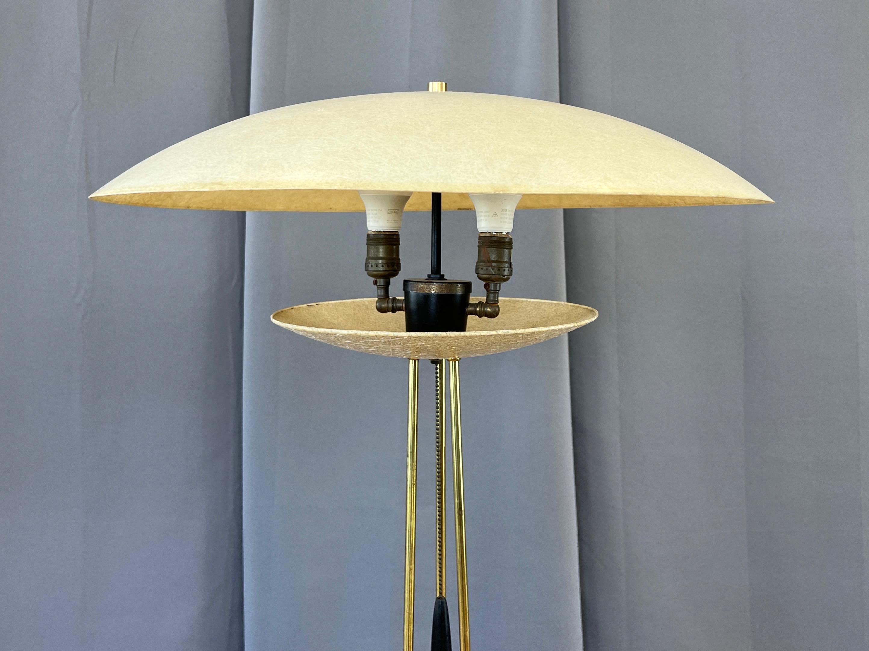 Modeline Tripod Floor Lamp with Fiberglass Saucer Shades, Brass, and Wood, 1950s 2
