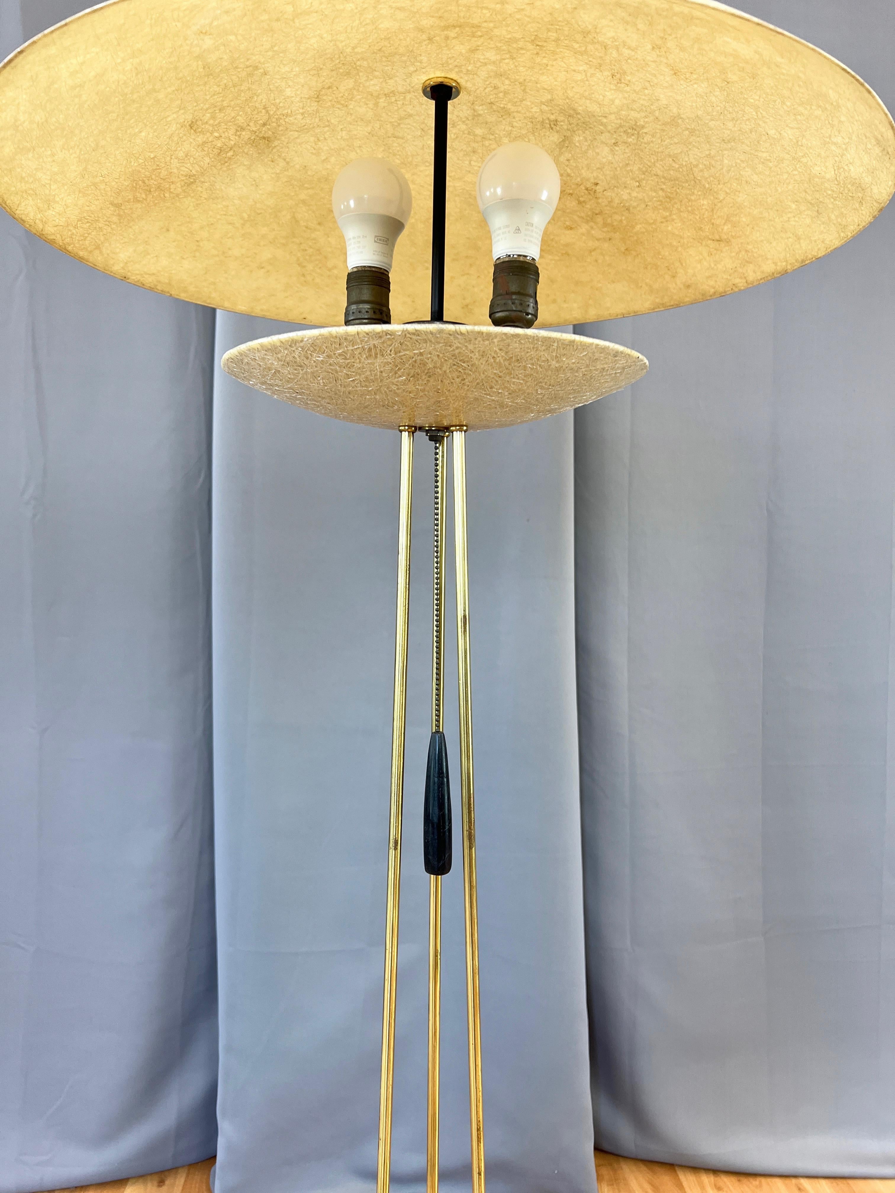 Modeline Tripod Floor Lamp with Fiberglass Saucer Shades, Brass, and Wood, 1950s 3