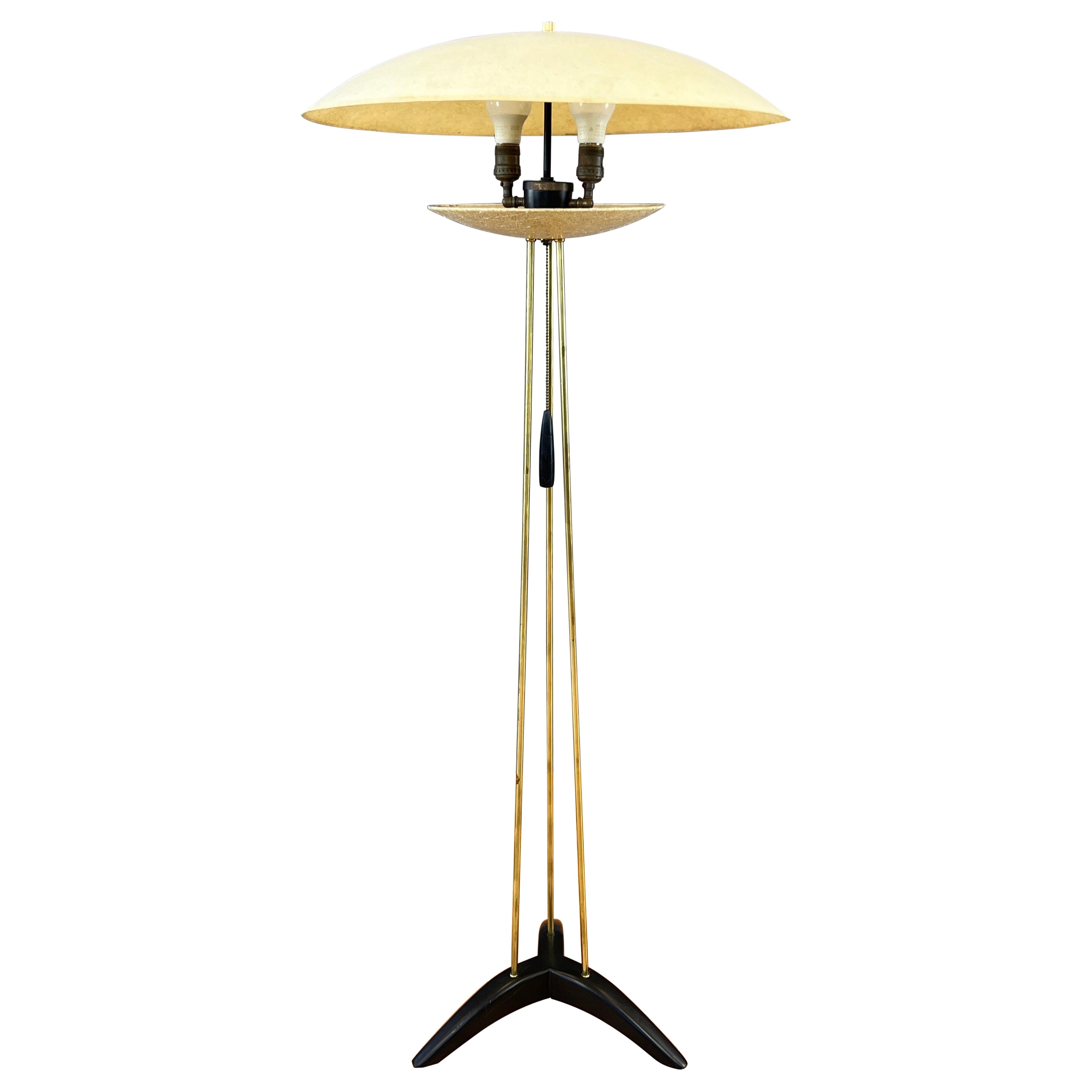 Modeline Tripod Floor Lamp with Fiberglass Saucer Shades, Brass, and Wood, 1950s